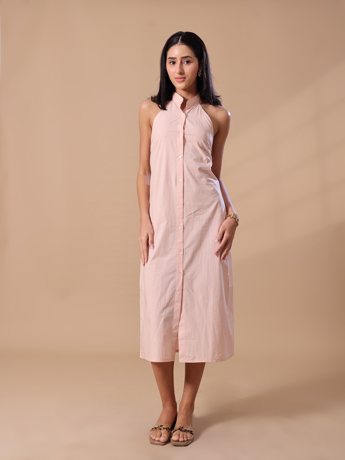RUFFLE BACKLESS SHIRT DRESS - PEACH
