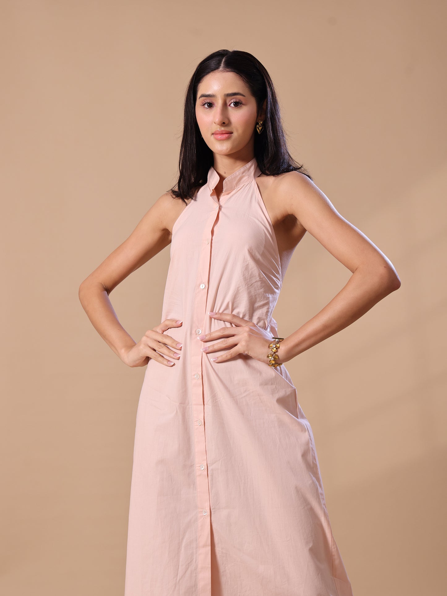 RUFFLE BACKLESS SHIRT DRESS - PEACH