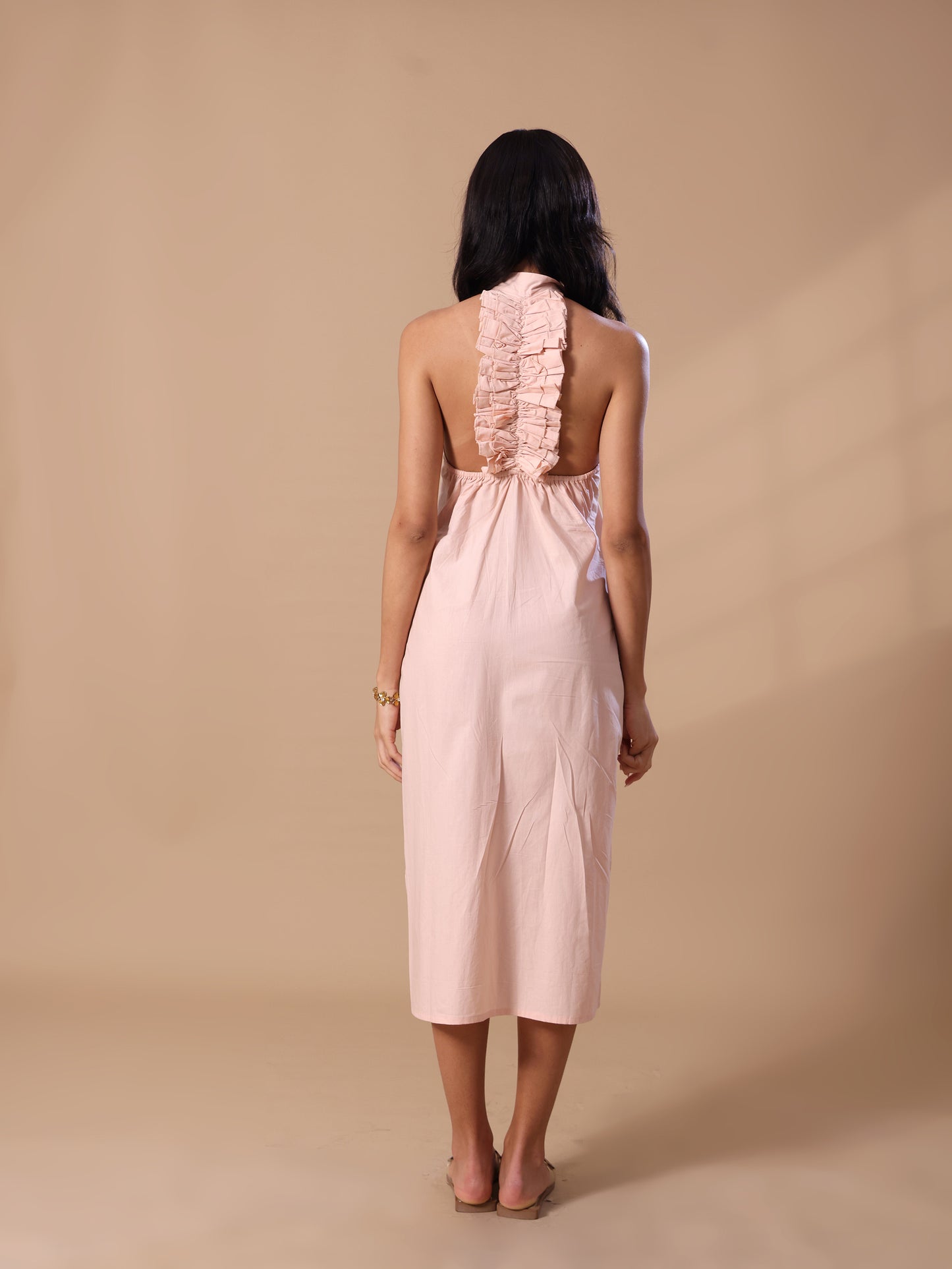 RUFFLE BACKLESS SHIRT DRESS - PEACH