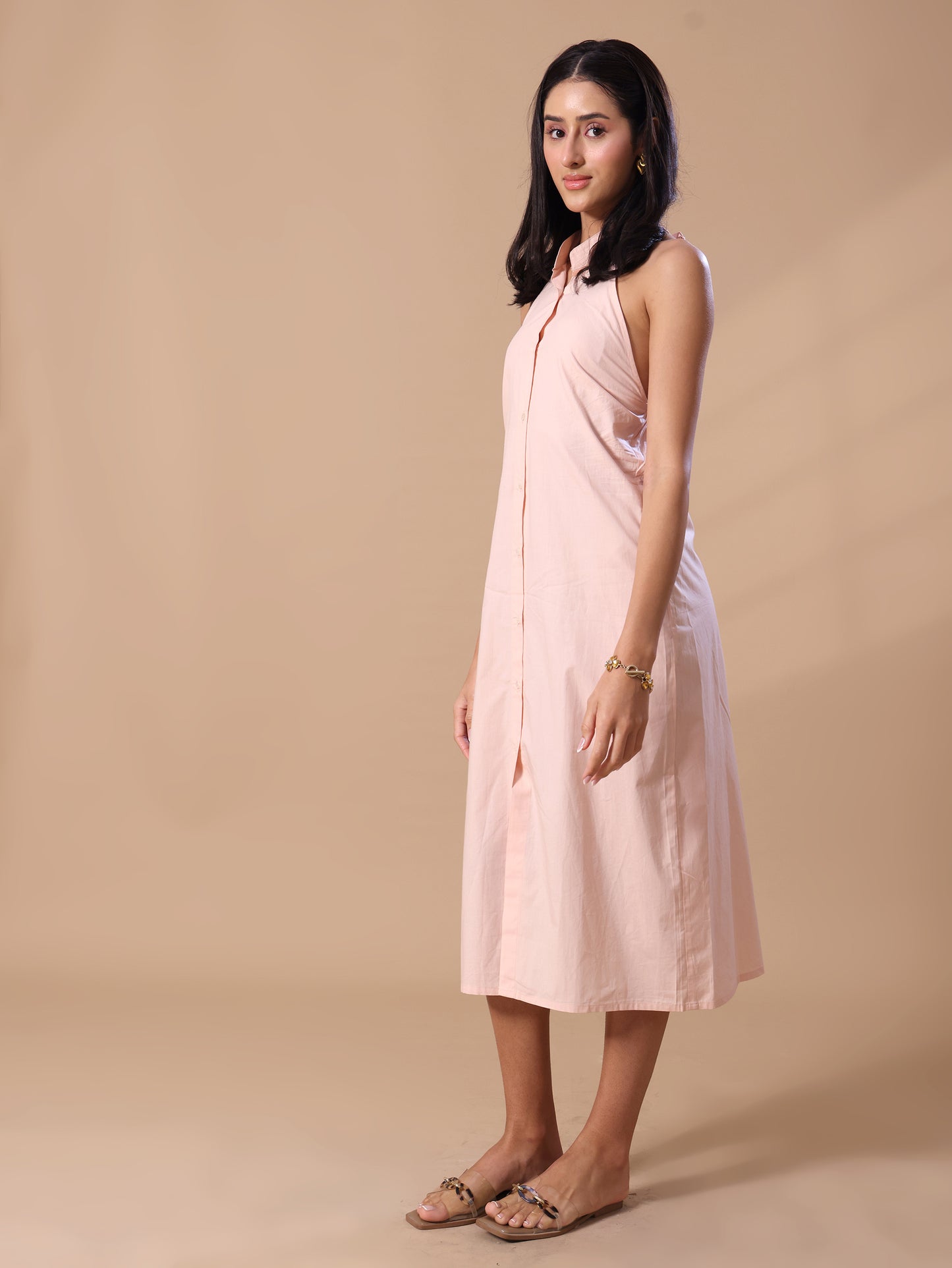 RUFFLE BACKLESS SHIRT DRESS - PEACH