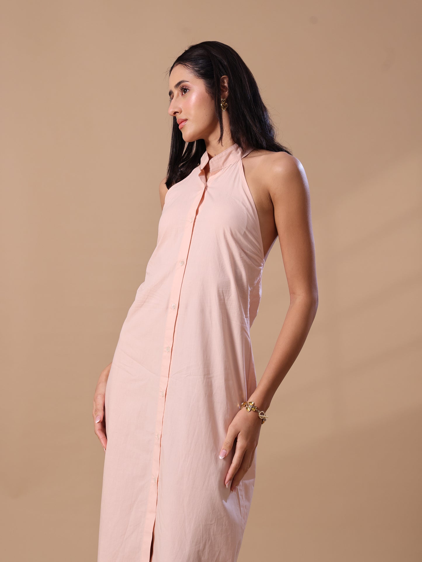 RUFFLE BACKLESS SHIRT DRESS - PEACH
