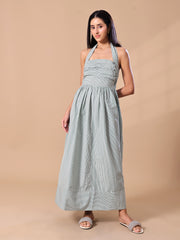 STRIPED HALTER NECK MAXI DRESS - GREEN