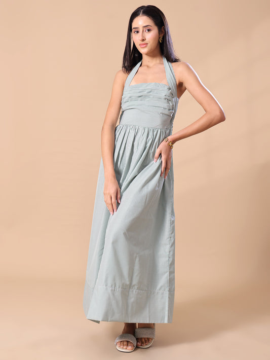 STRIPED HALTER NECK MAXI DRESS - GREEN