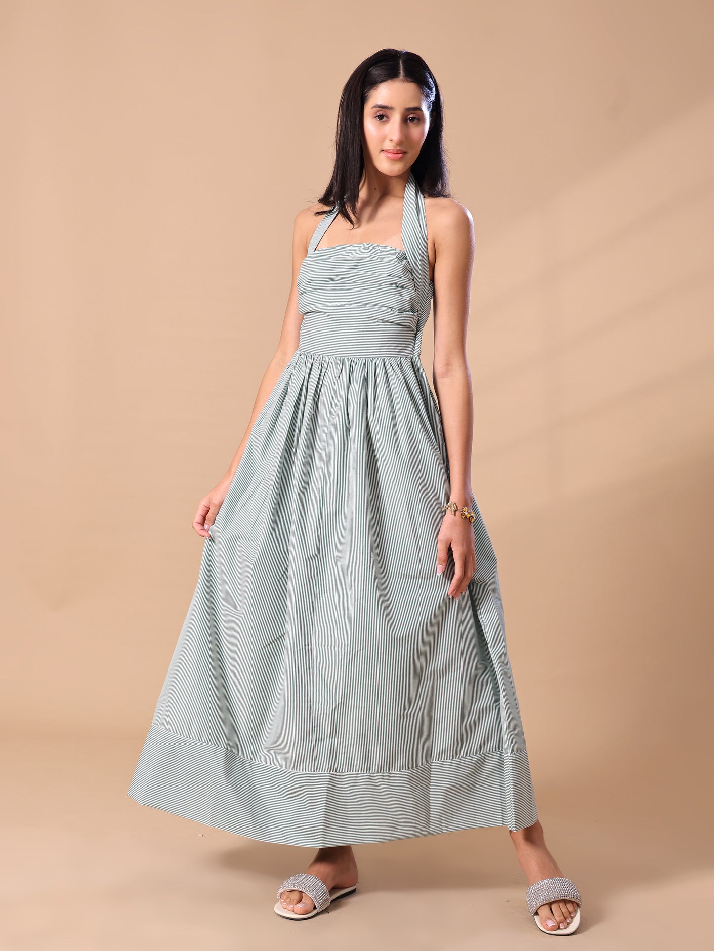 STRIPED HALTER NECK MAXI DRESS - GREEN