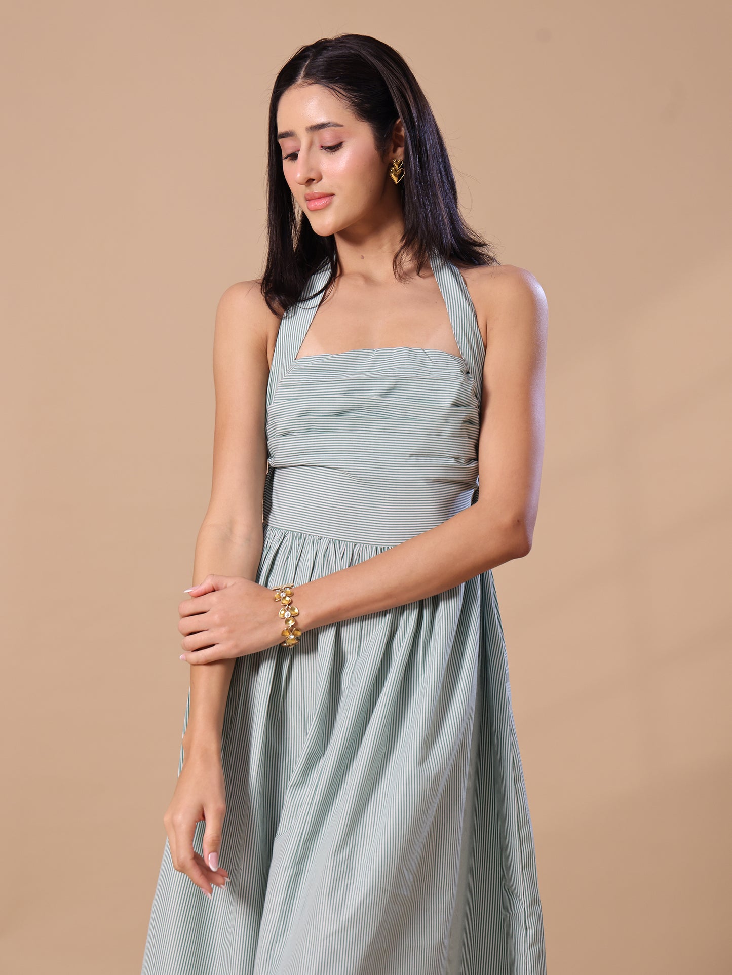 STRIPED HALTER NECK MAXI DRESS - GREEN