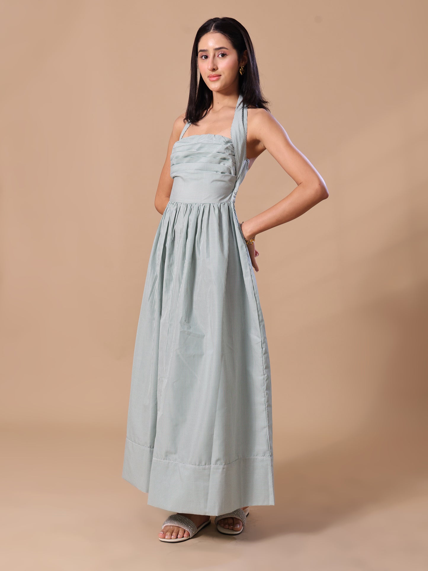 STRIPED HALTER NECK MAXI DRESS - GREEN