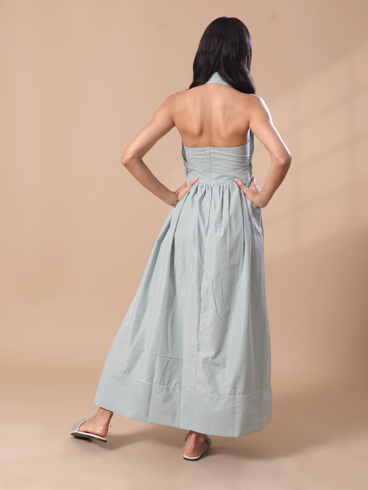 STRIPED HALTER NECK MAXI DRESS - GREEN