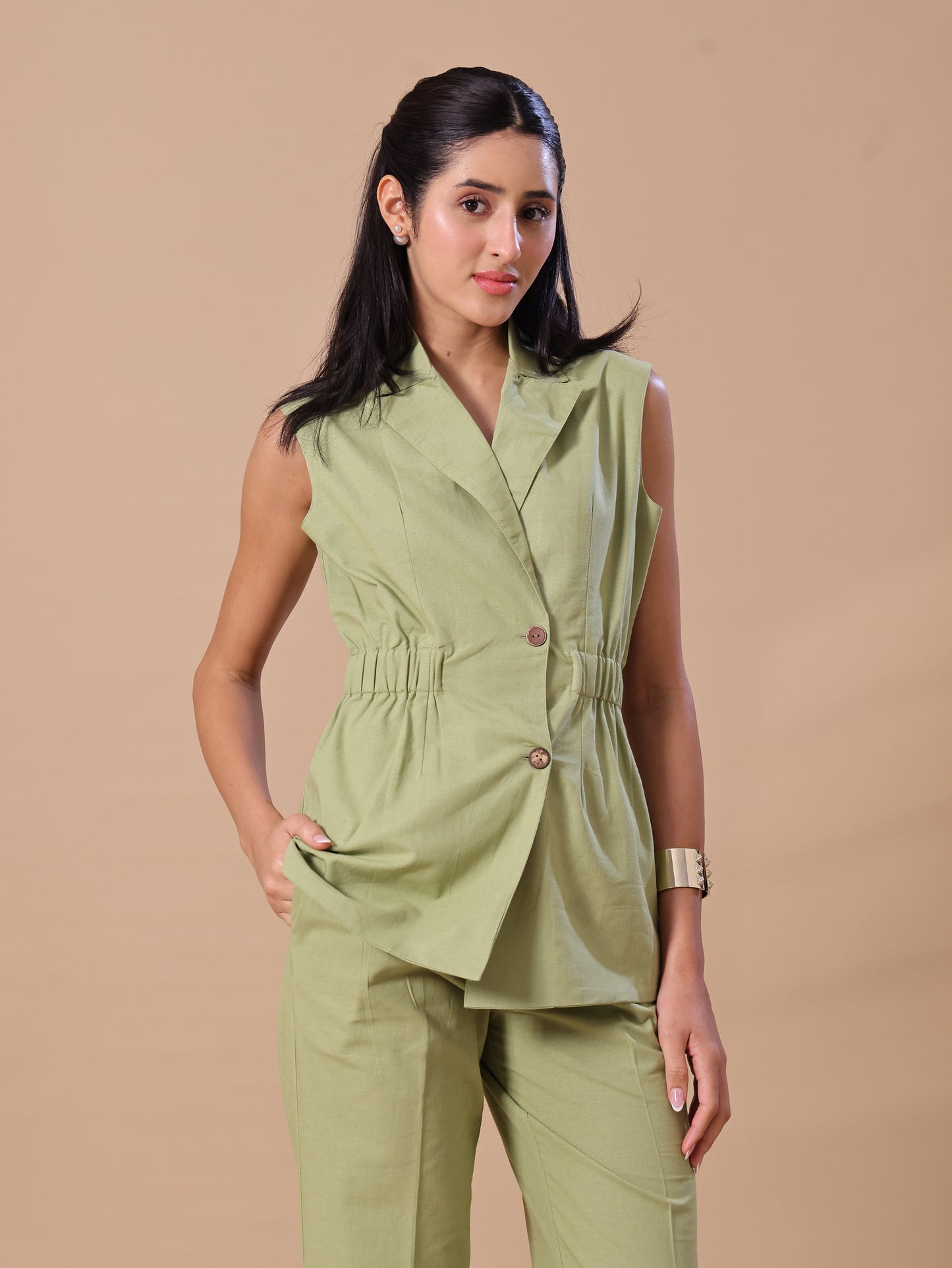 CINCHED LINEN COORD - OLIVE