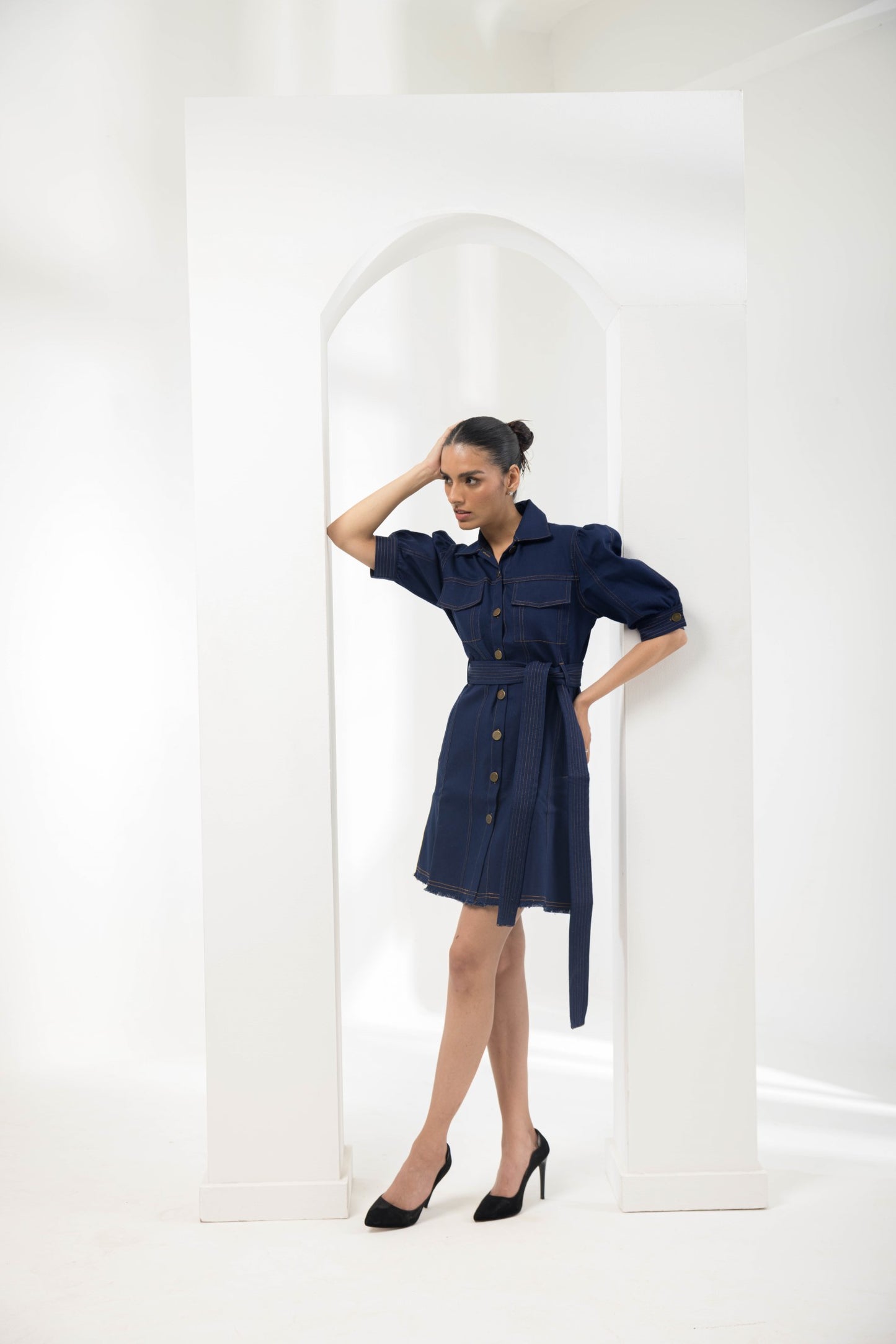 DENIM THREADWORK DRESS WITH PUFF SLEEVES