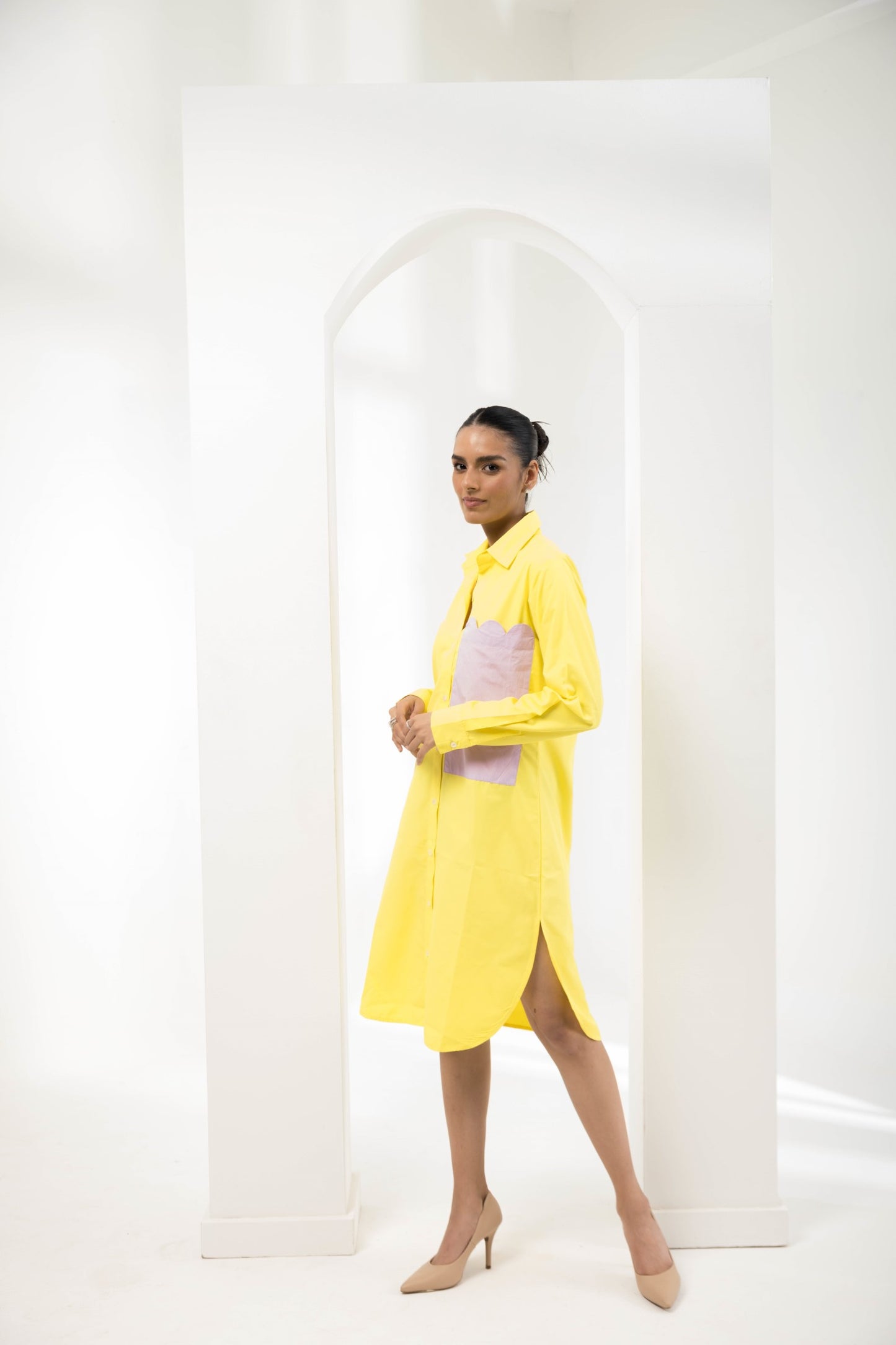 YELLOW LONG POCKET SHIRT DRESS