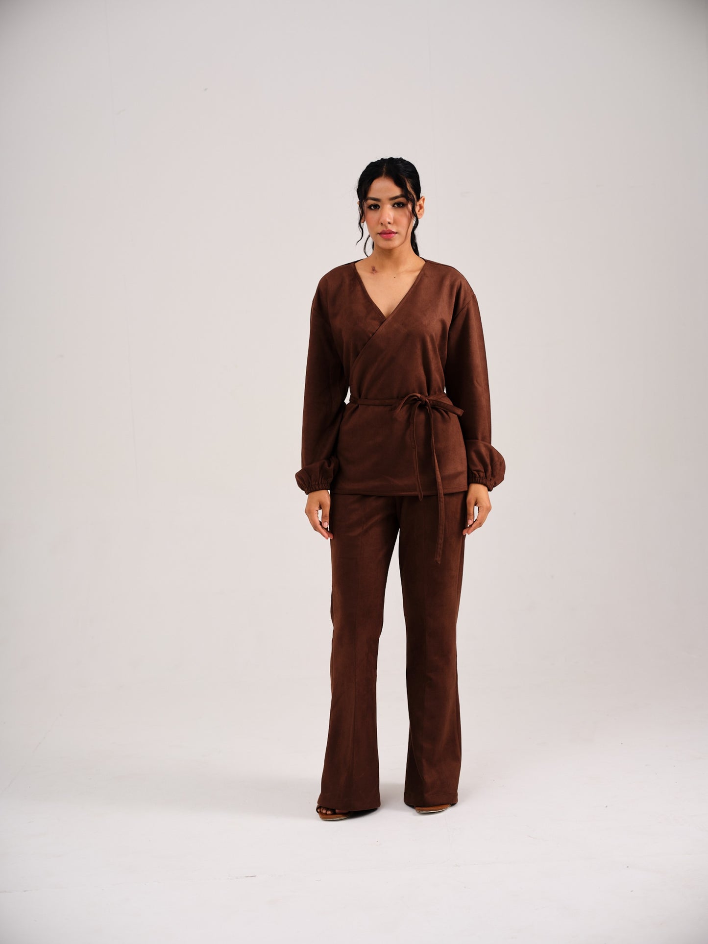 SUEDE OVERLAP COORD - COFFEE