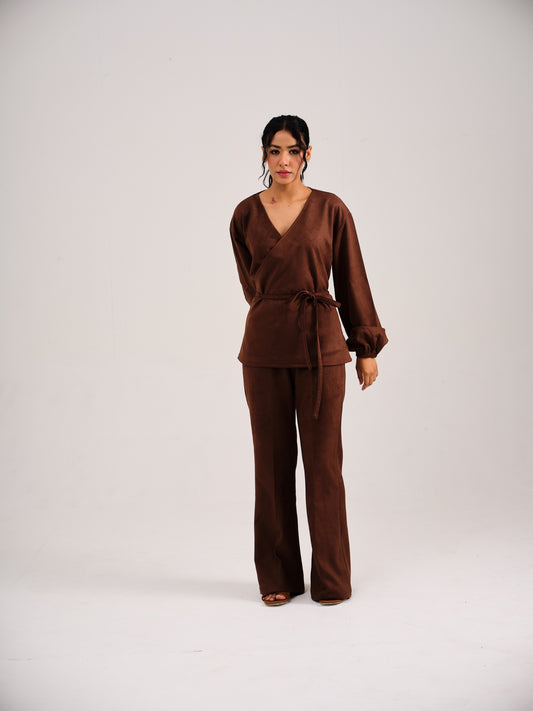 SUEDE OVERLAP COORD - COFFEE
