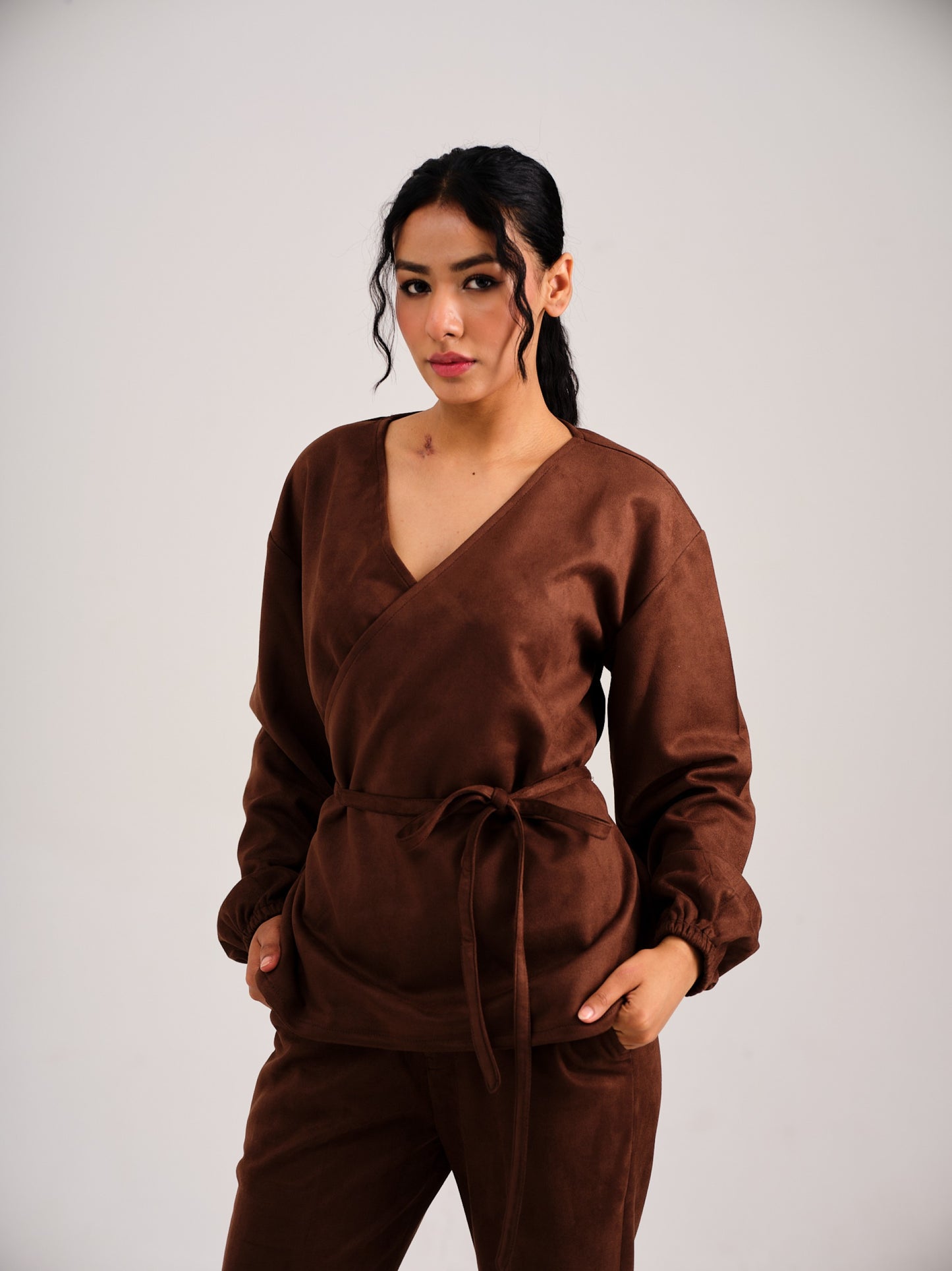 SUEDE OVERLAP COORD - COFFEE