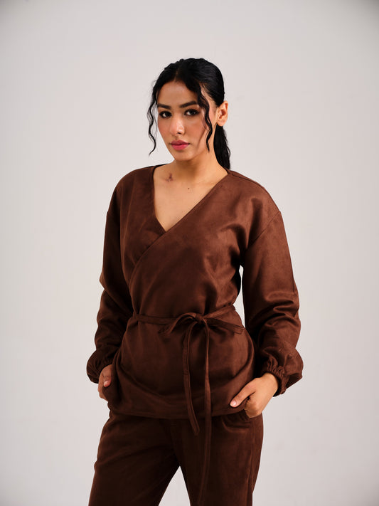 SUEDE OVERLAP COORD - COFFEE