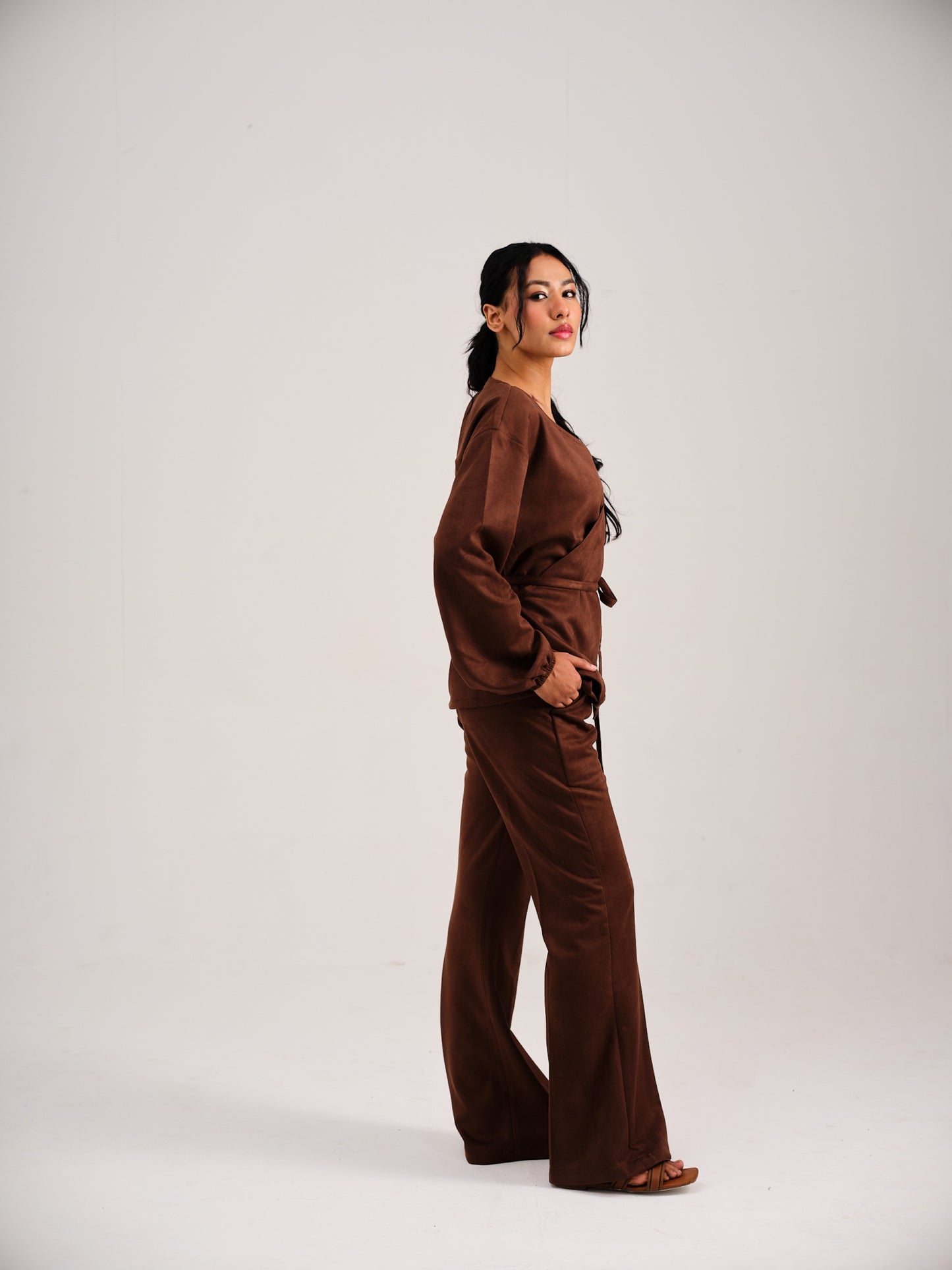 SUEDE OVERLAP COORD - COFFEE