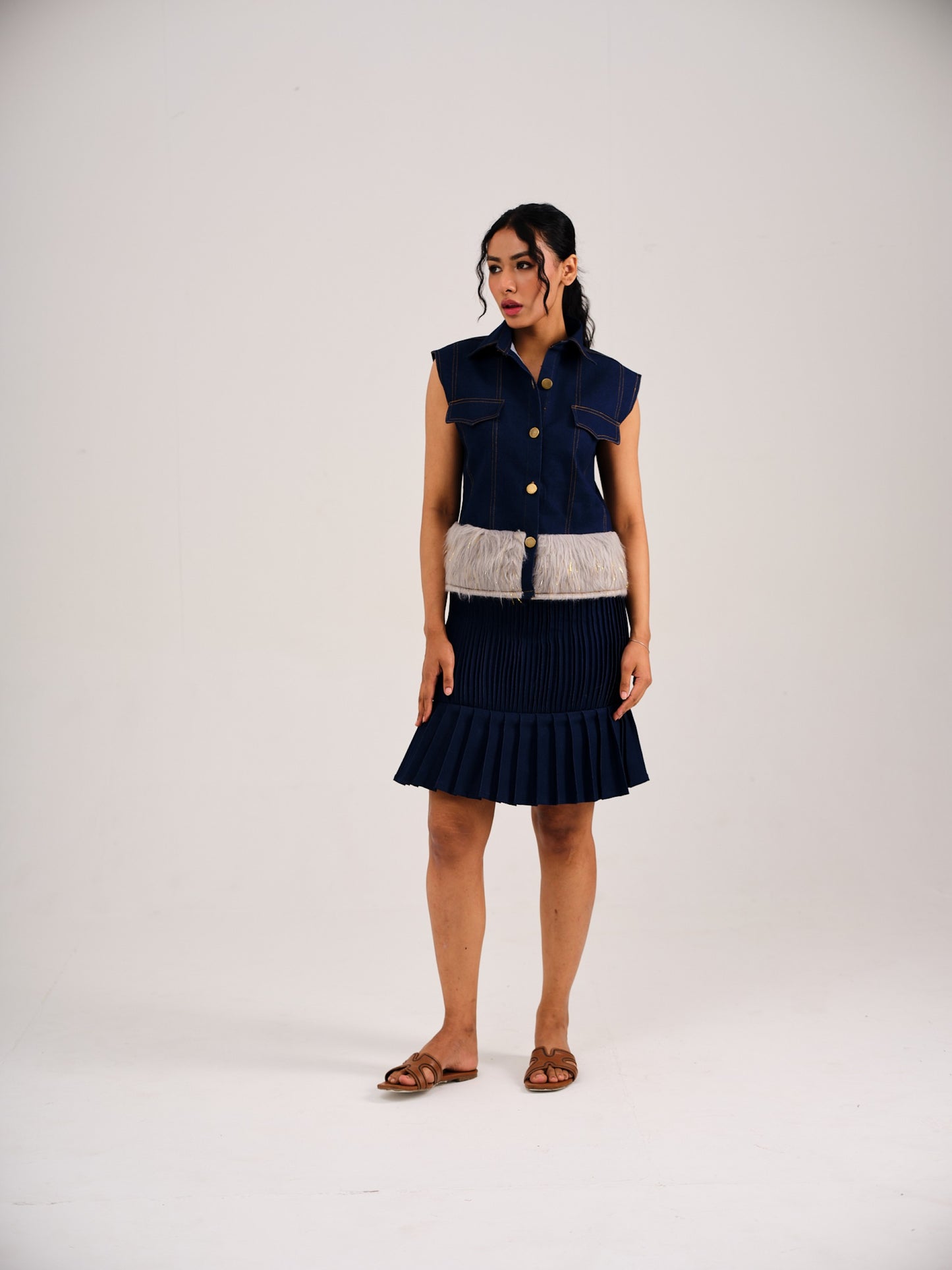 DENIM FUR SKIRT COORD -BLUE