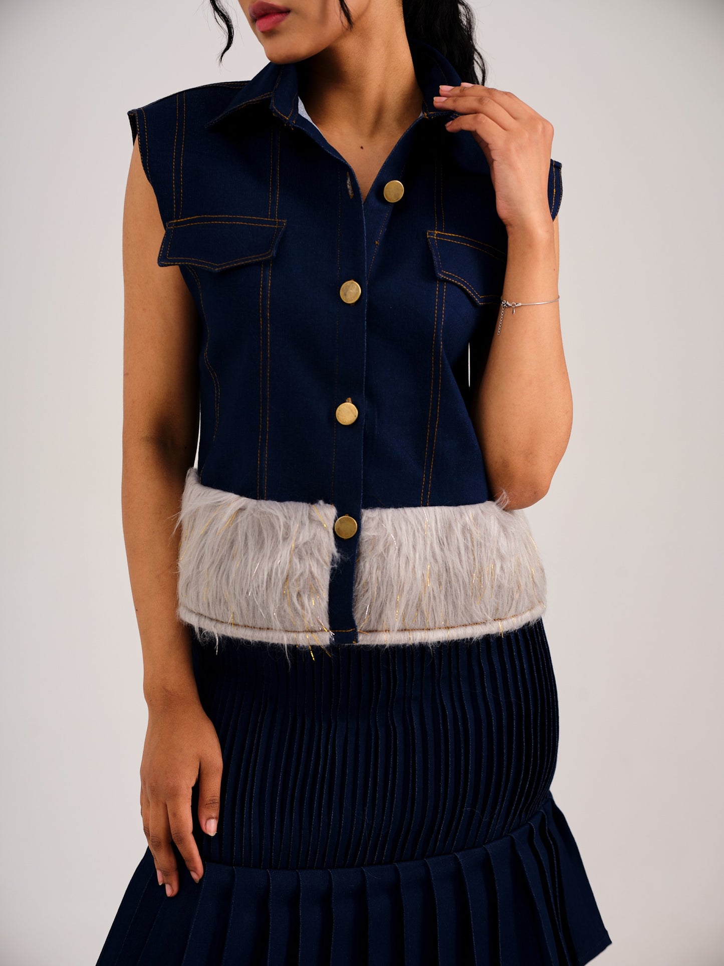DENIM FUR SKIRT COORD -BLUE