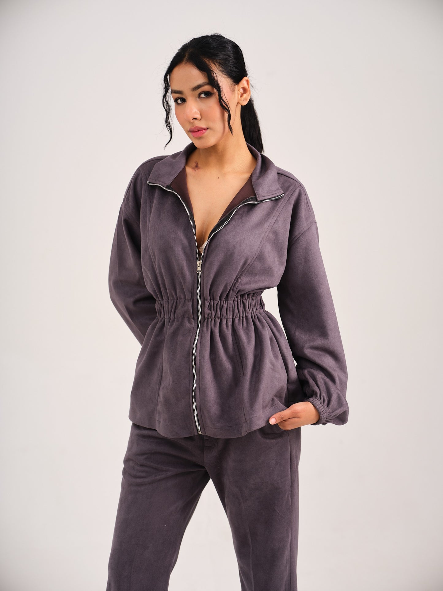 SUEDE CINCHED COORD SET - GREY
