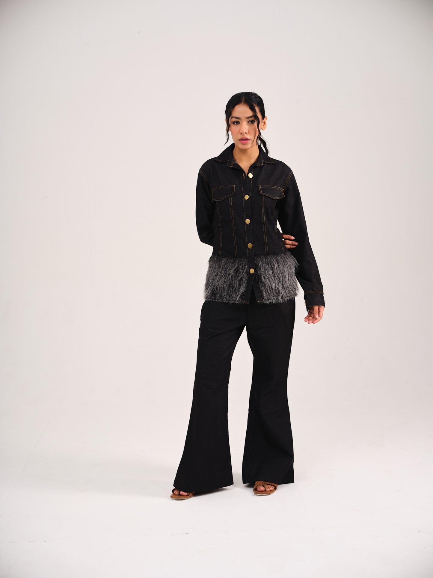 DENIM FUR COORD - BLACK
