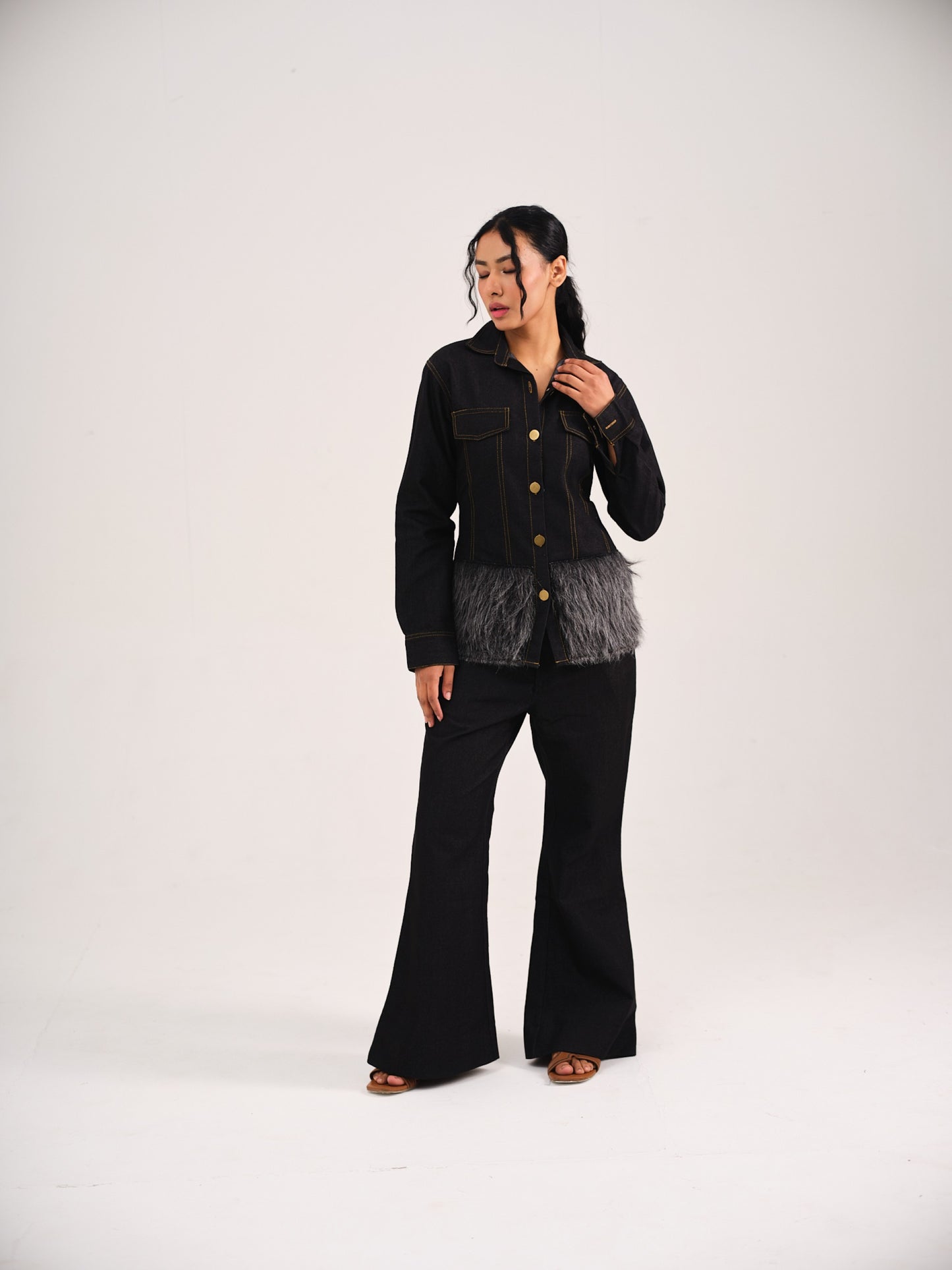 DENIM FUR COORD - BLACK