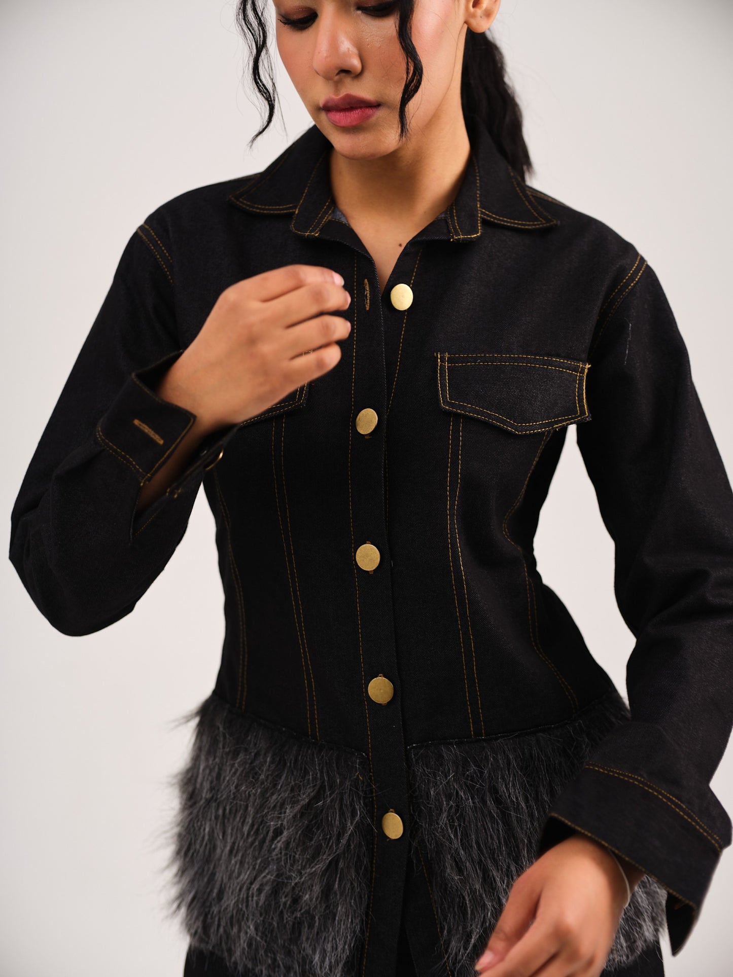 DENIM FUR COORD - BLACK