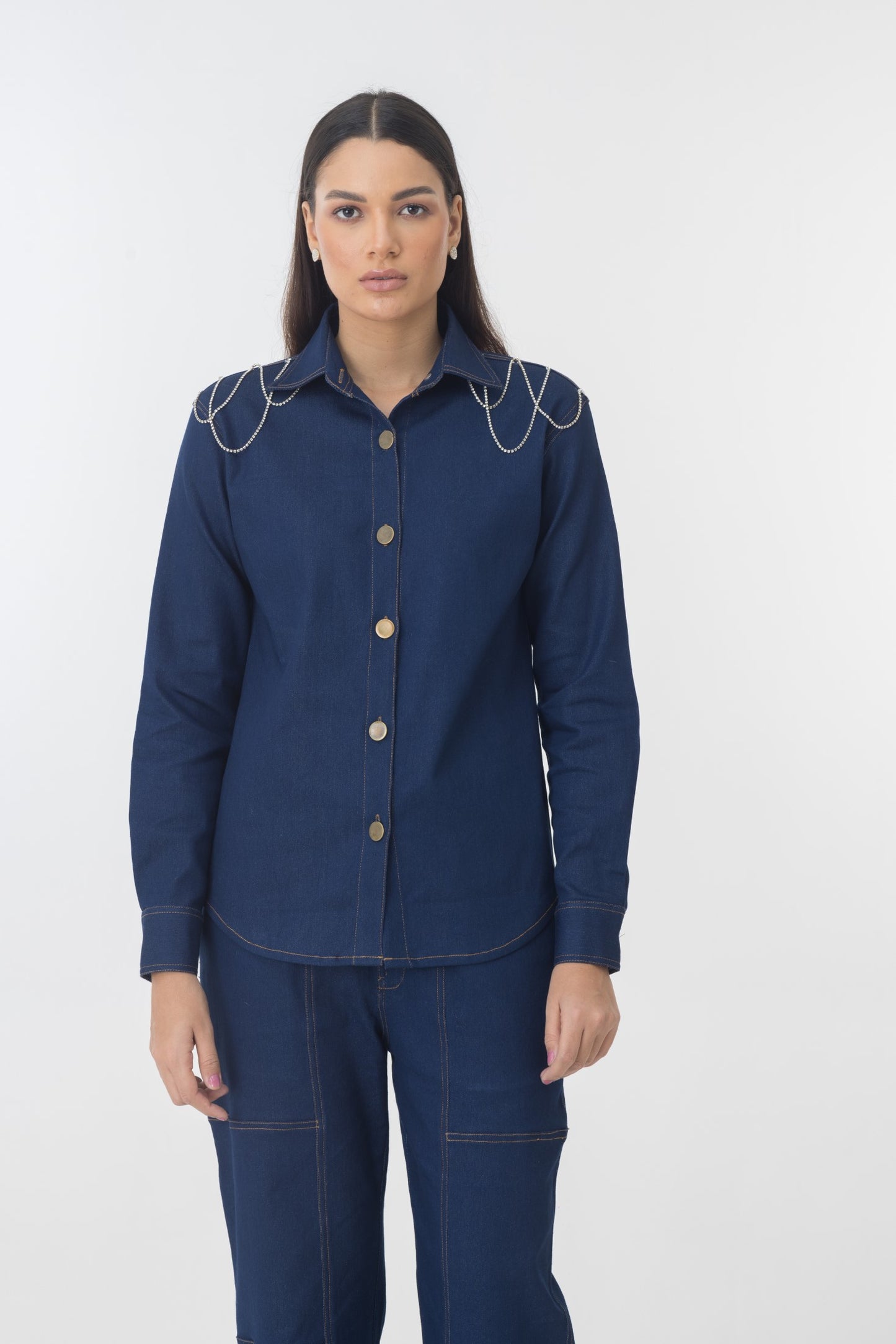 DENIM SHIRT COORD WITH RHINESTONE STRING