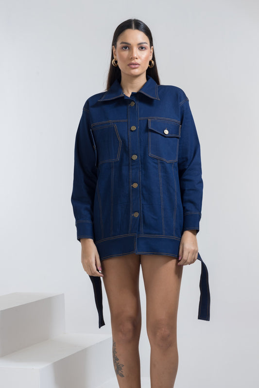 DENIM OVERSIZED JACKET WITH INVERTED POCKETS - BLUE