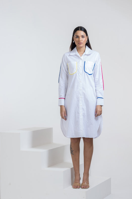 WHITE SHIRT DRESS WITH COLORED PIPING