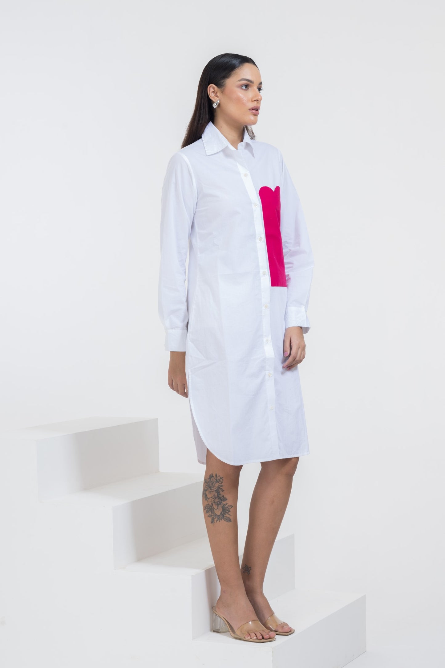 WHITE LONG POCKET SHIRT DRESS