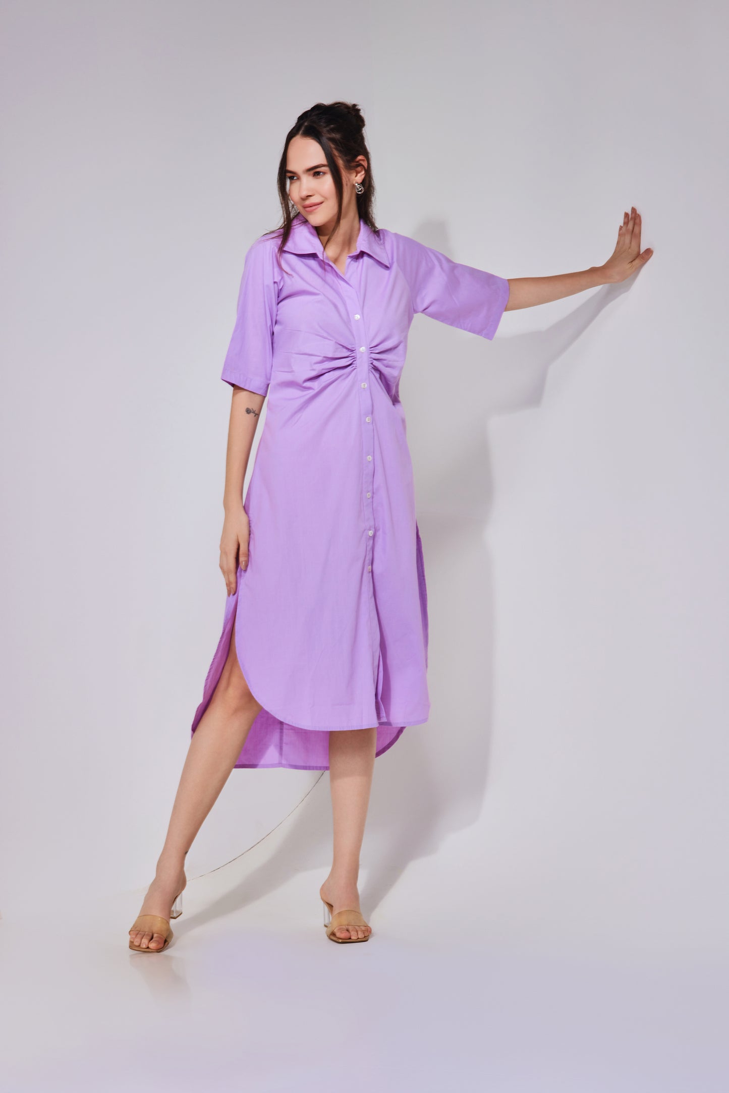 Lilac Ruched Long Shirt Dress