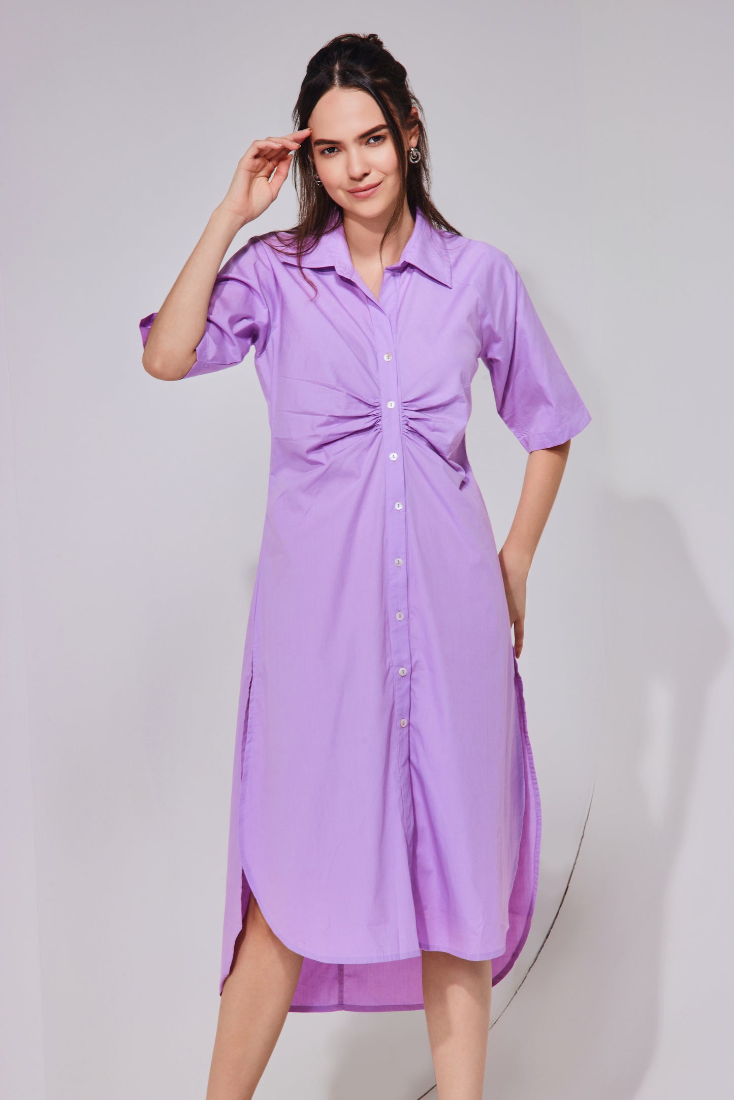 Lilac Ruched Long Shirt Dress