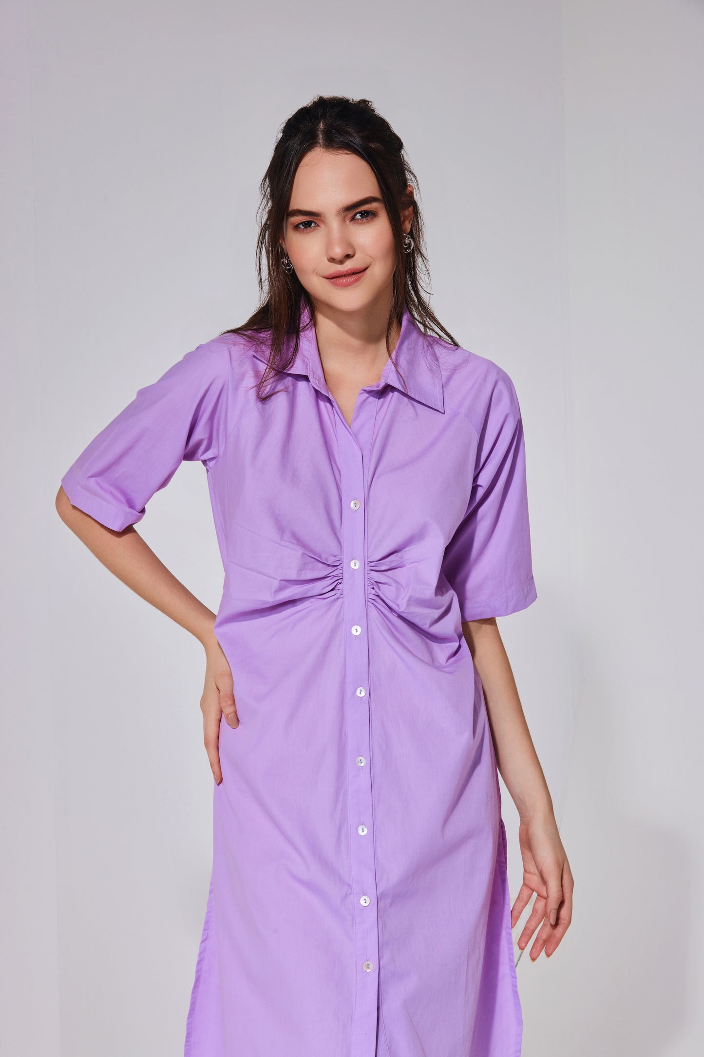 Lilac Ruched Long Shirt Dress