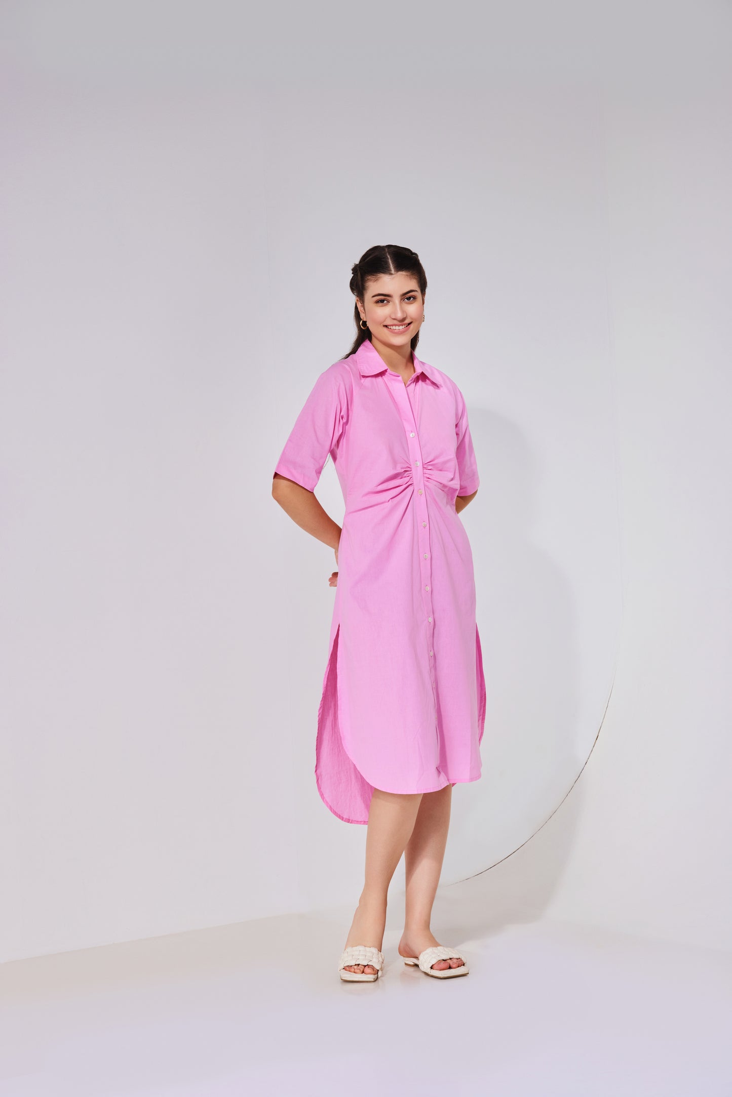 Baby Pink Ruched Long Shirt Dress