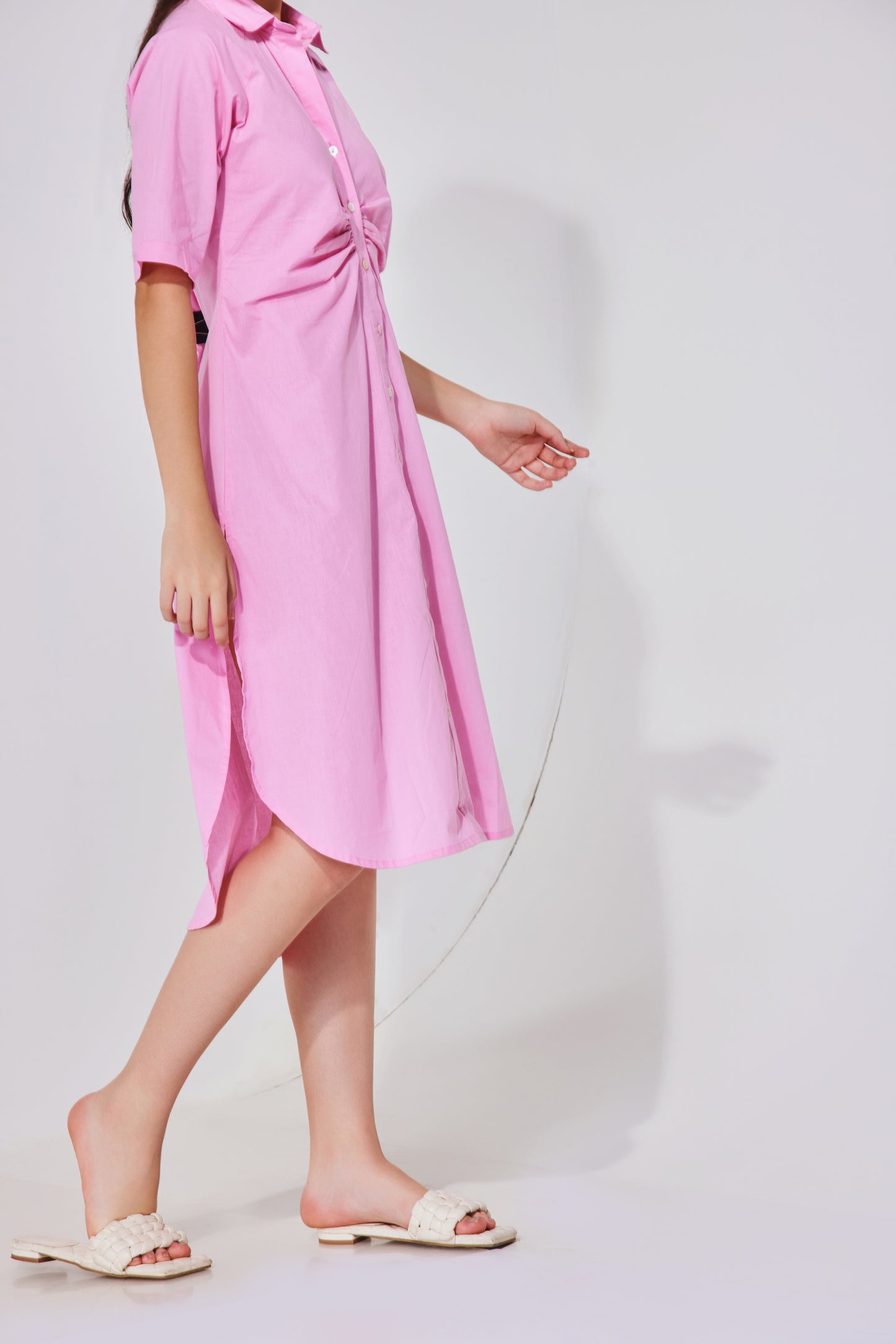 Baby Pink Ruched Long Shirt Dress