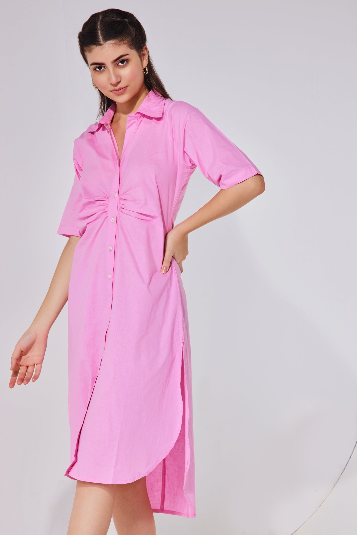 Baby Pink Ruched Long Shirt Dress