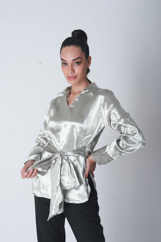 Knot Tie Satin Shirt - Silver