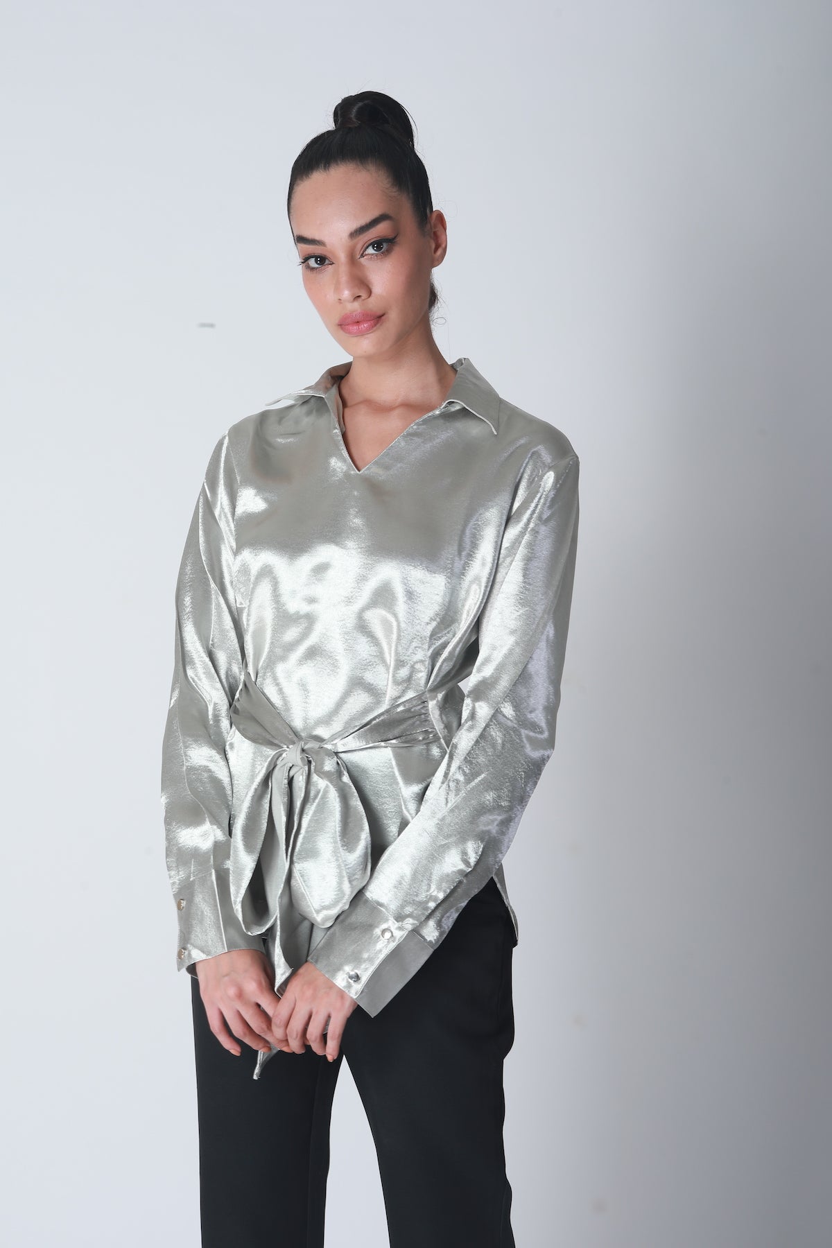 Knot Tie Satin Shirt - Silver