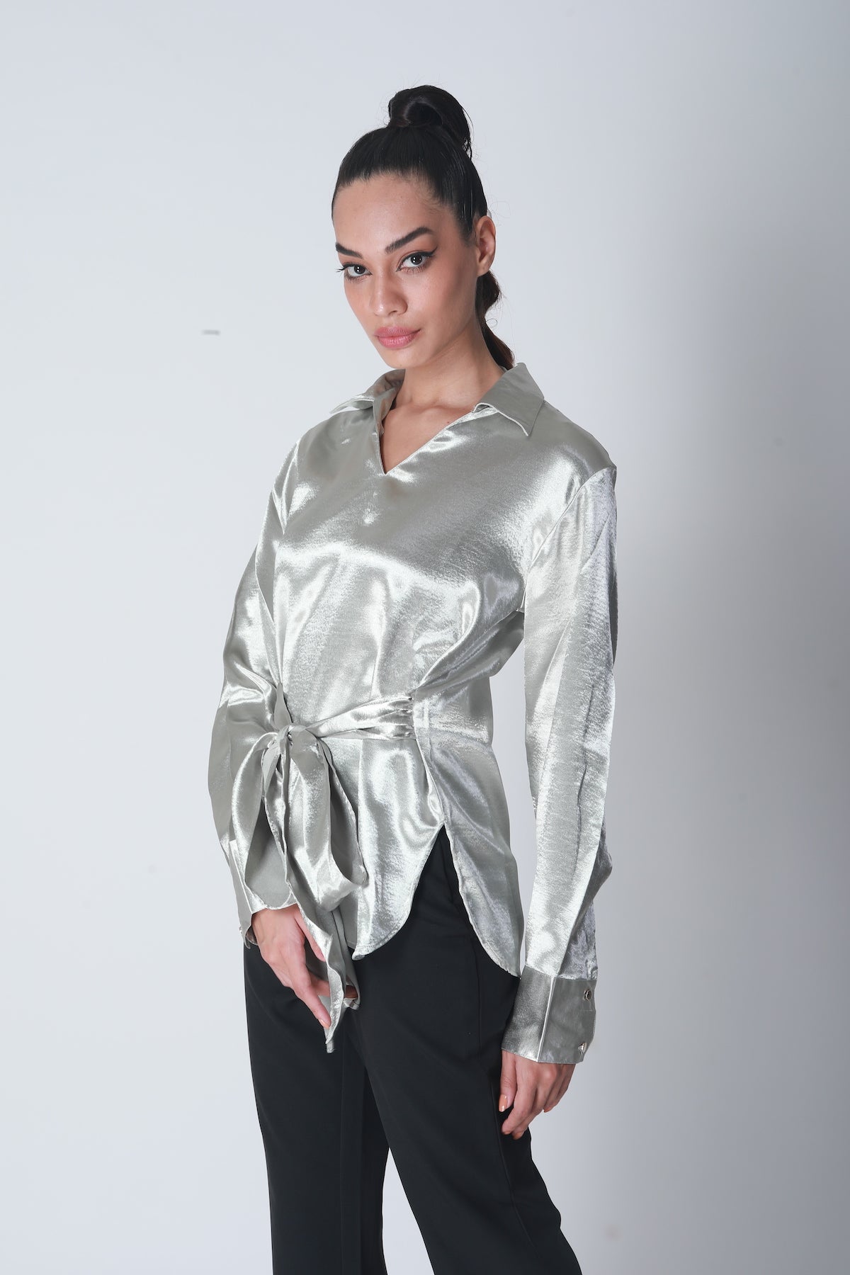 Knot Tie Satin Shirt - Silver