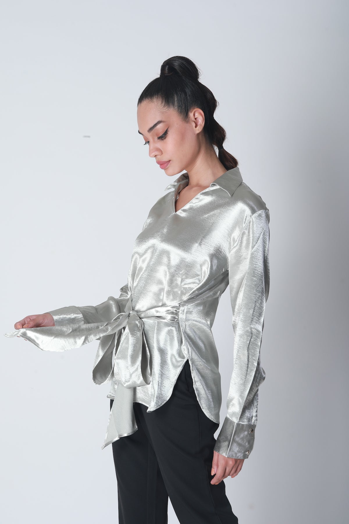 Knot Tie Satin Shirt - Silver