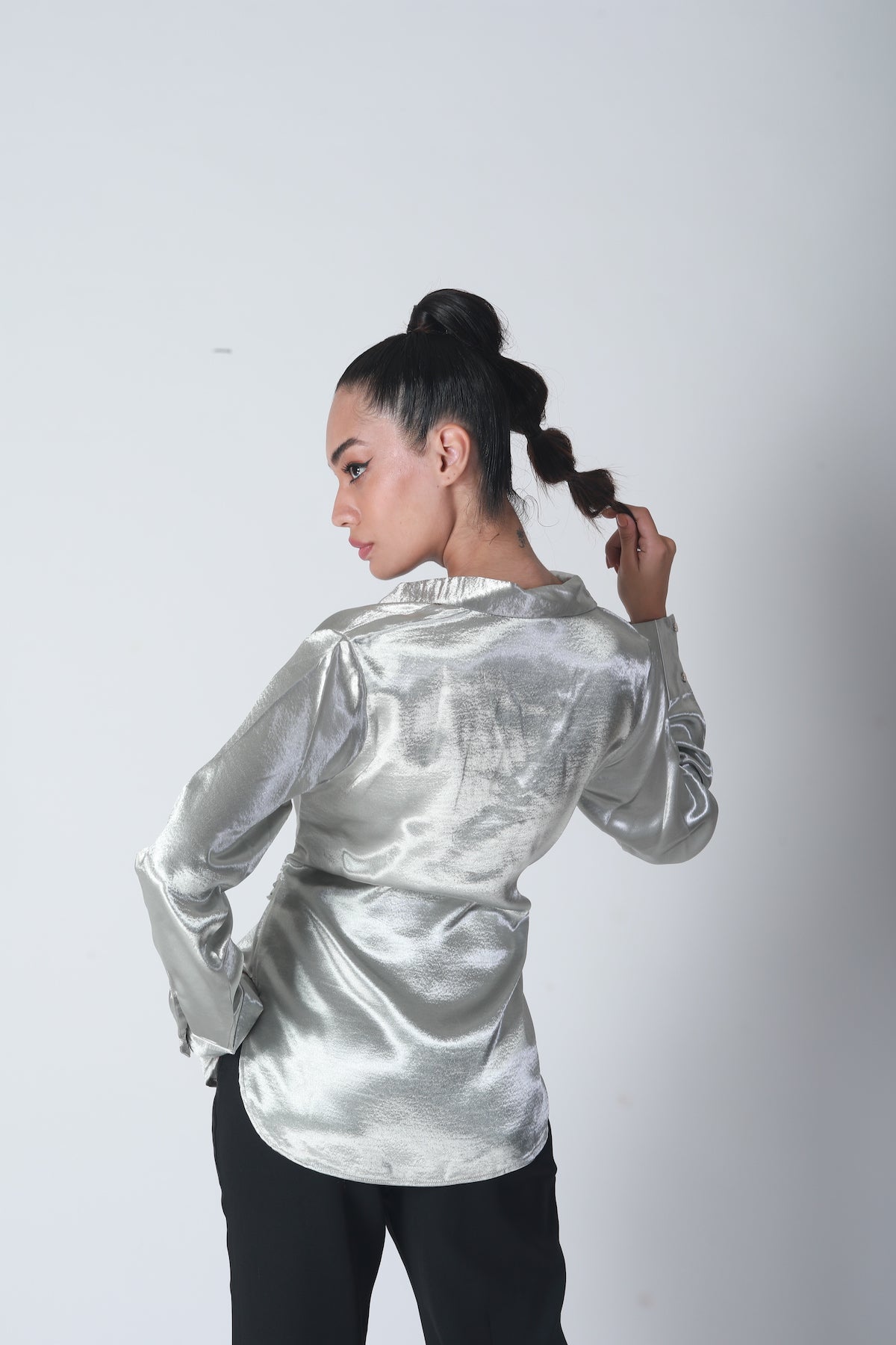 Knot Tie Satin Shirt - Silver