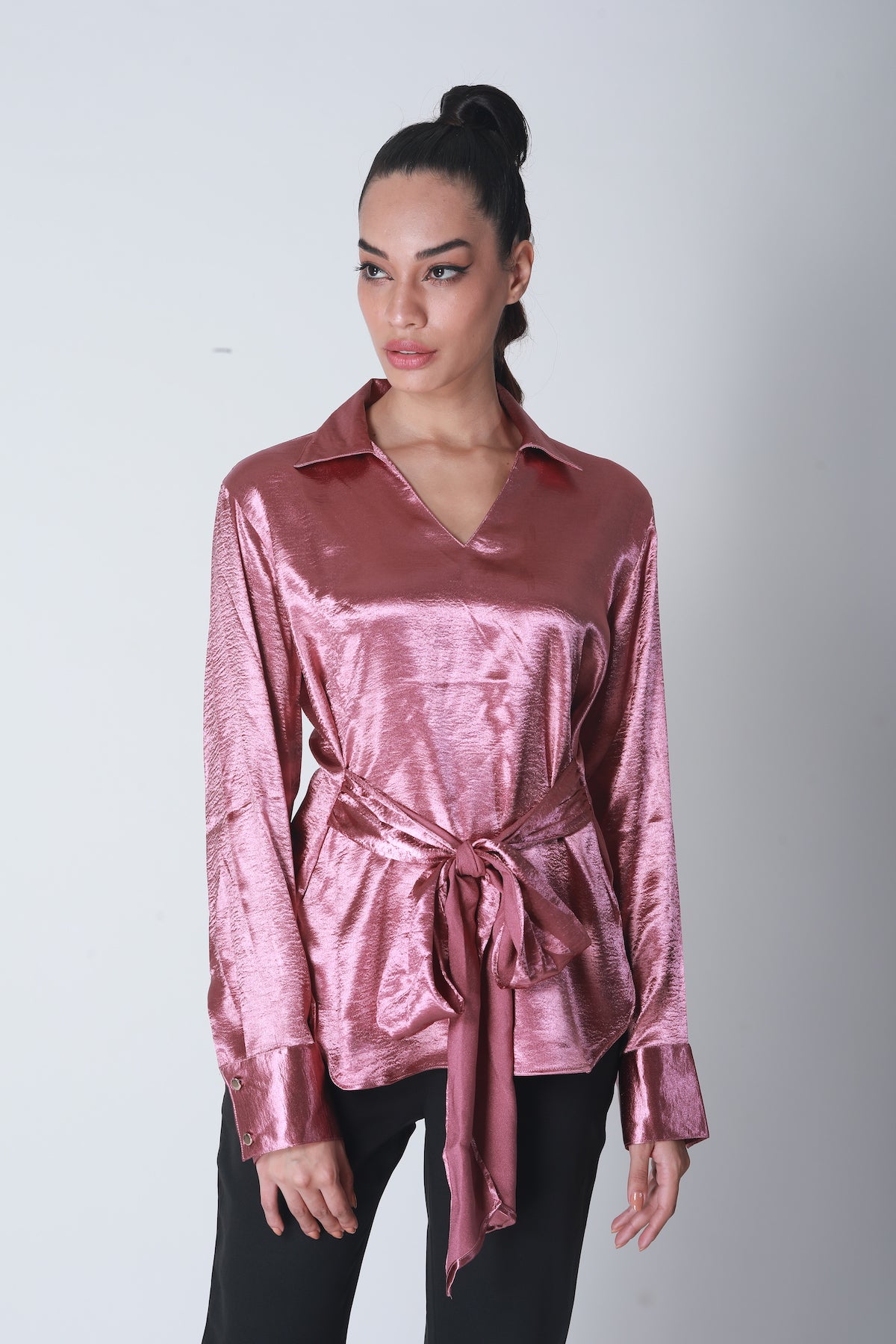 Knot Tie Satin Shirt - Blush Pink