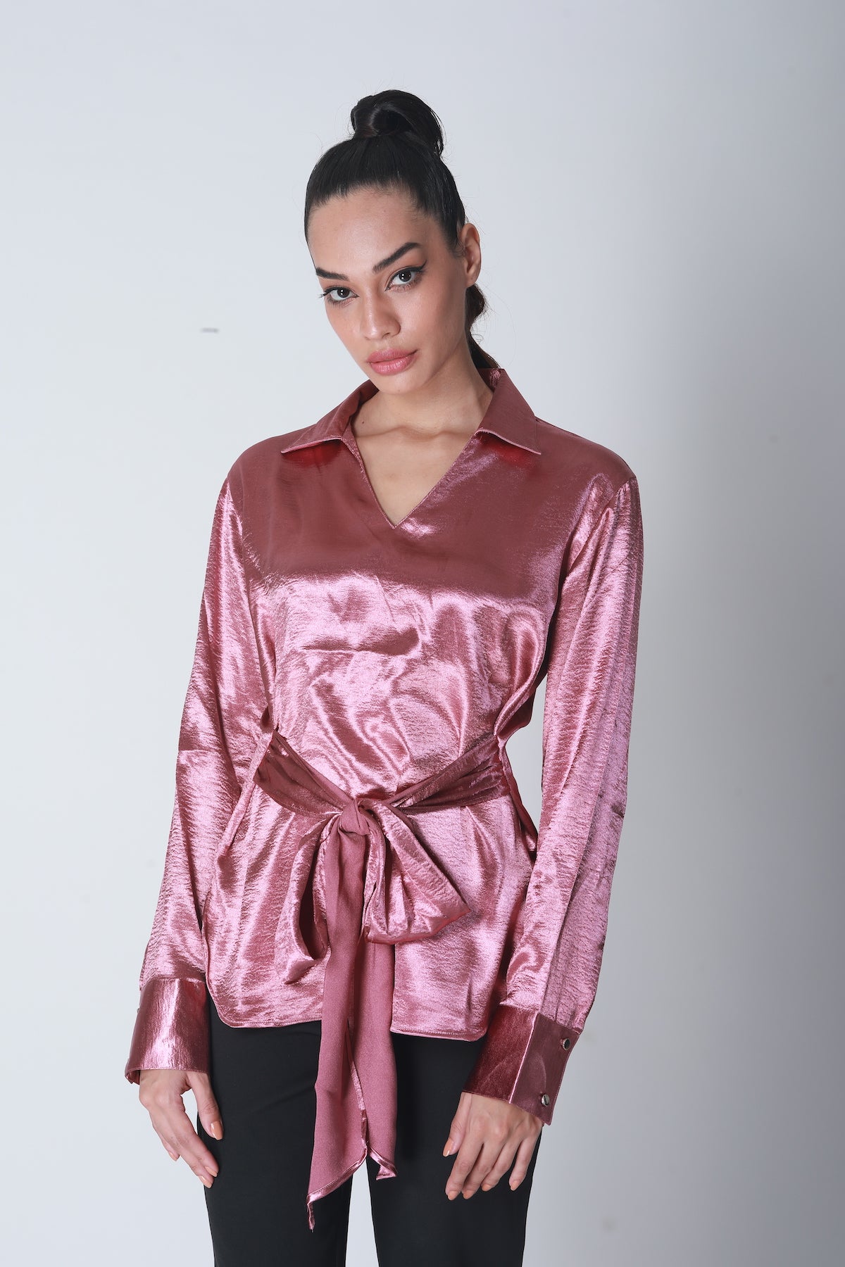 Knot Tie Satin Shirt - Blush Pink