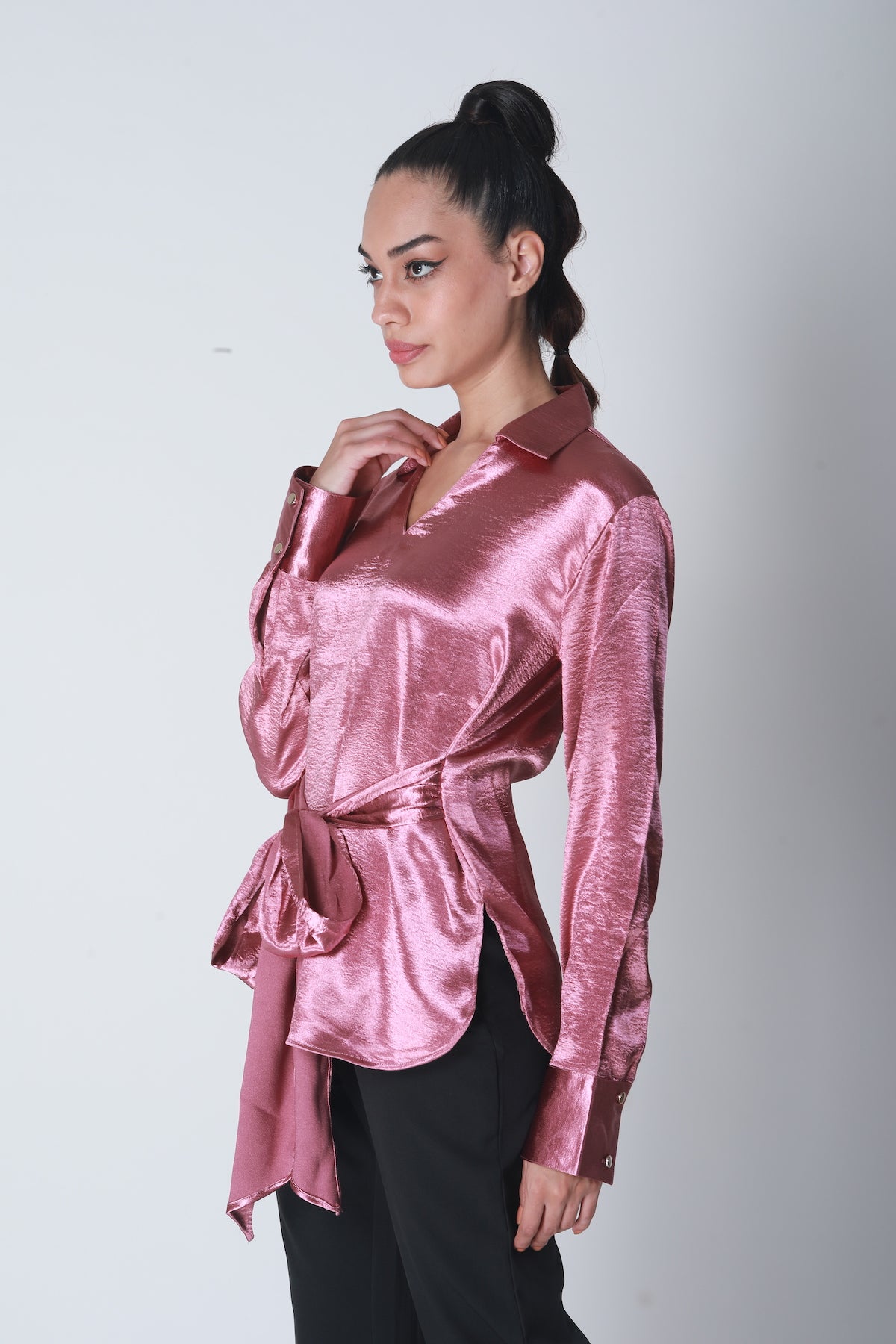 Knot Tie Satin Shirt - Blush Pink