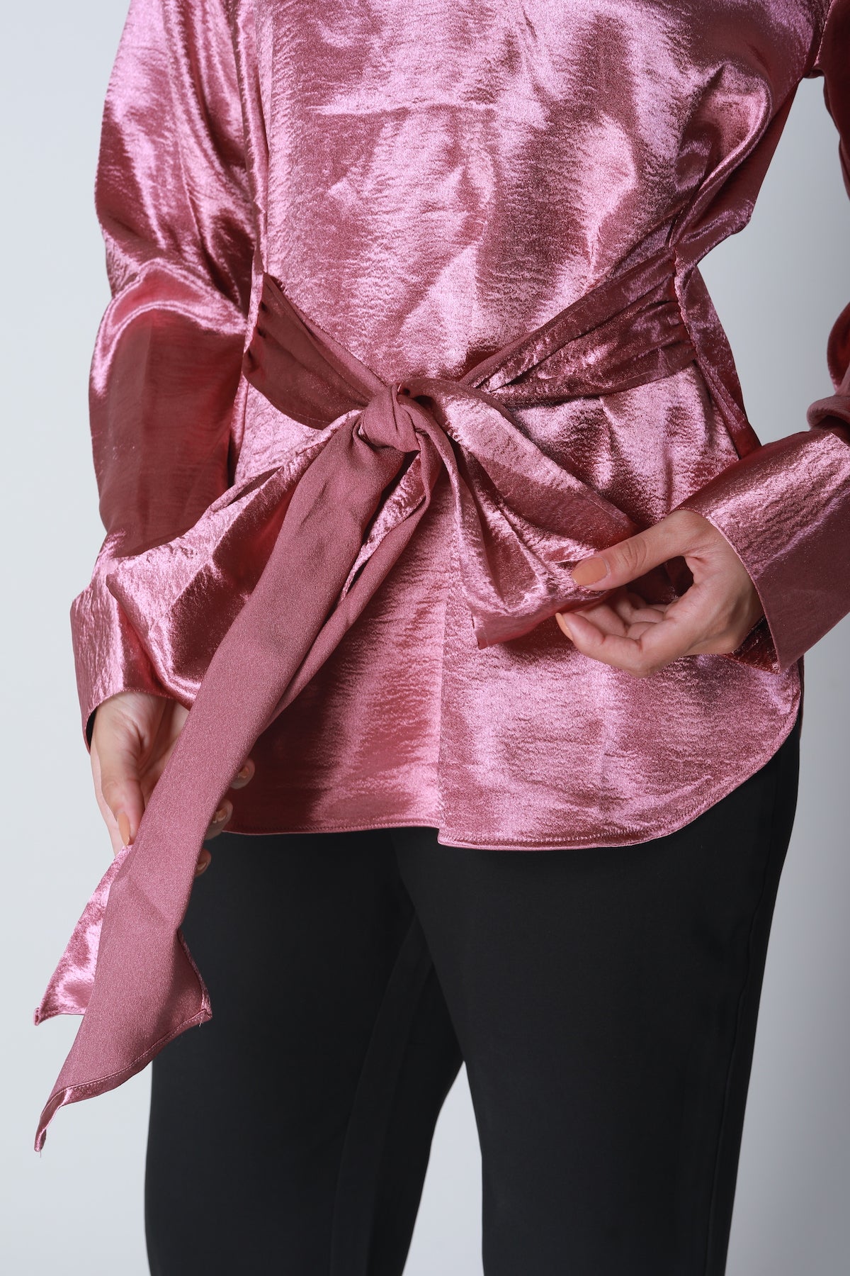 Knot Tie Satin Shirt - Blush Pink