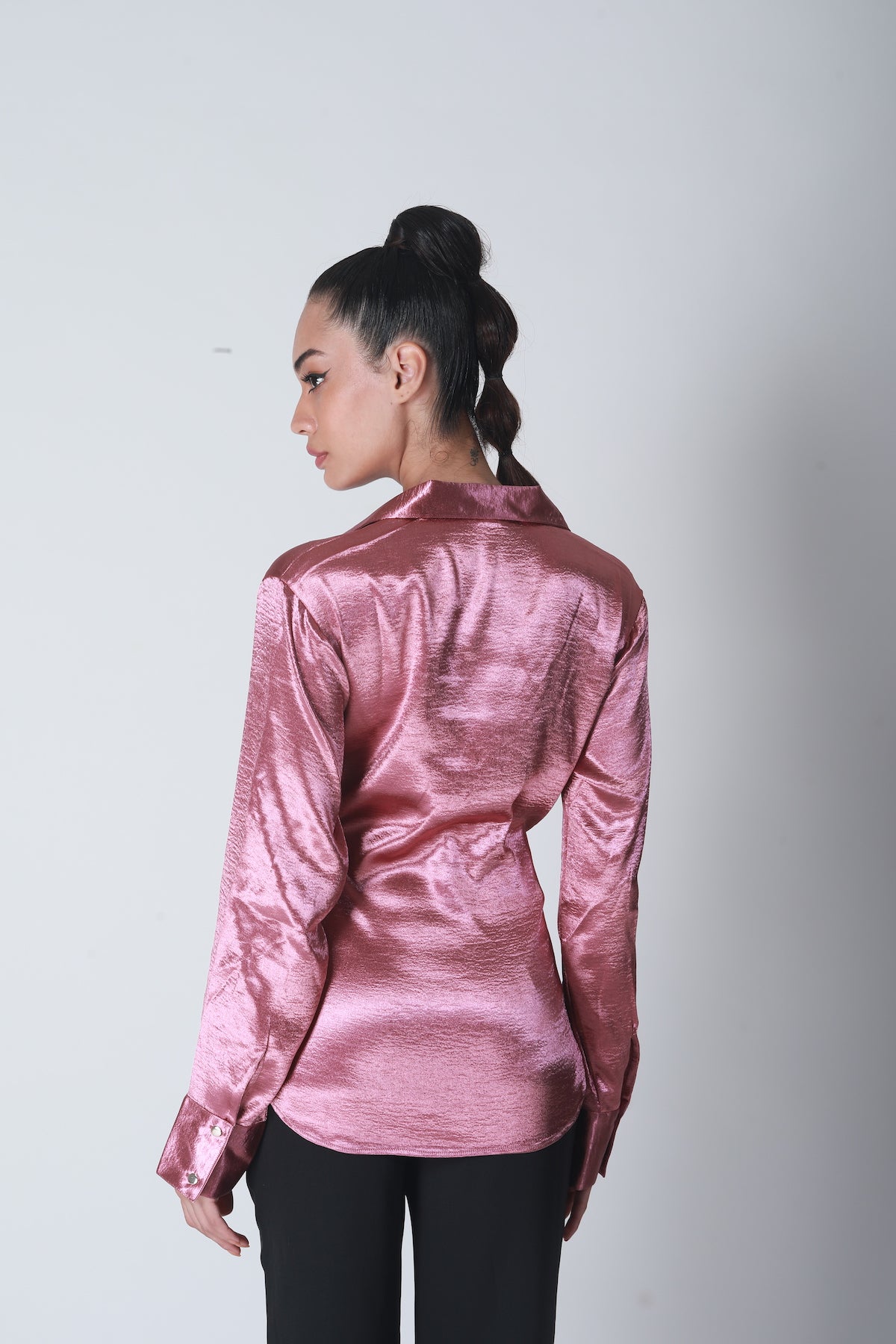 Knot Tie Satin Shirt - Blush Pink