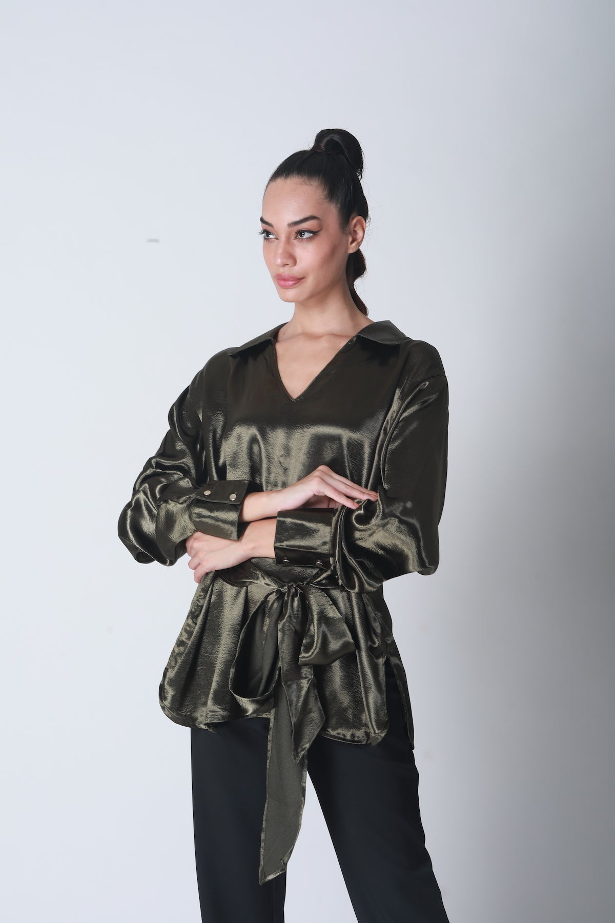 Knot Tie Satin Shirt - Olive Green