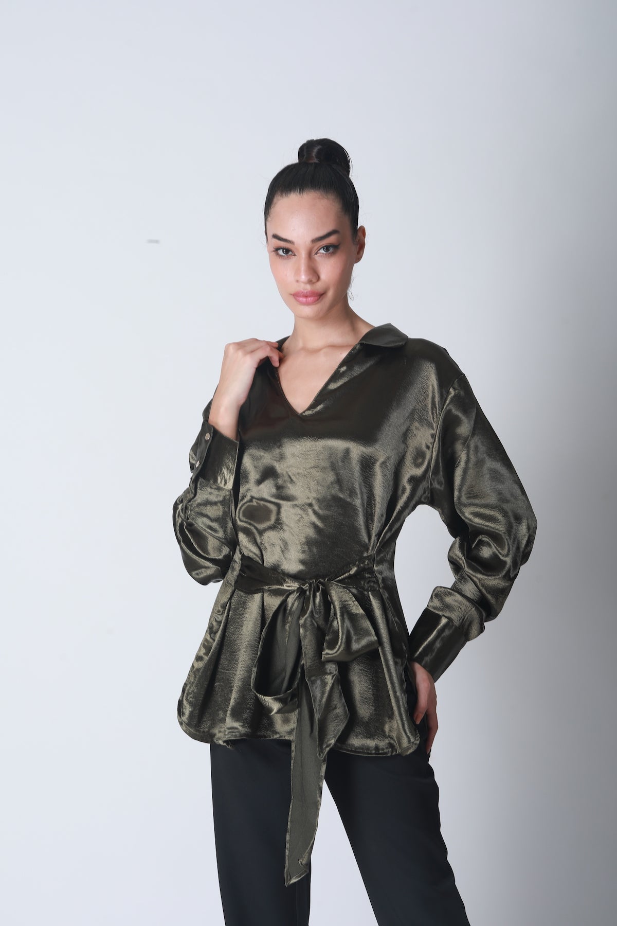 Knot Tie Satin Shirt - Olive Green