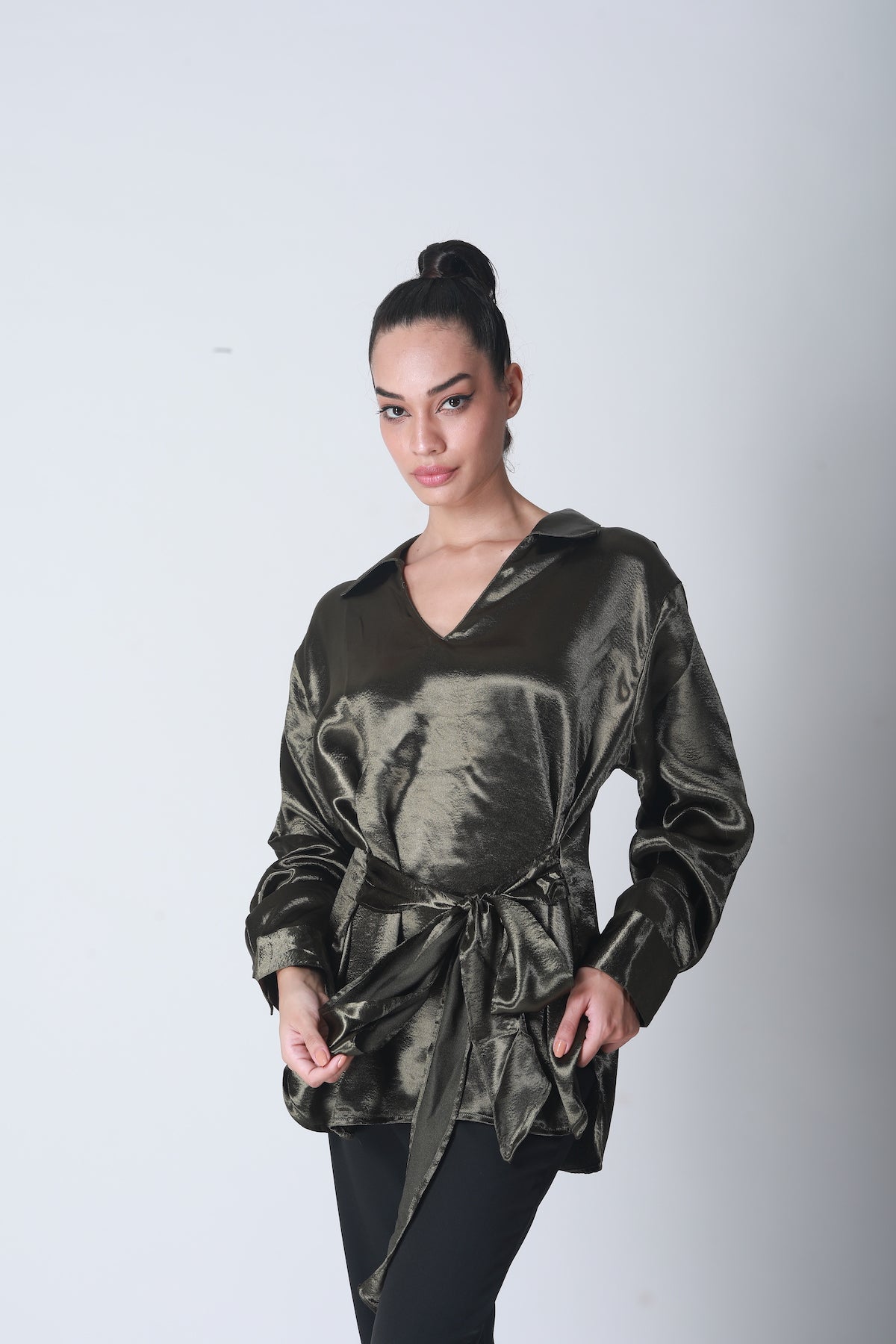 Knot Tie Satin Shirt - Olive Green