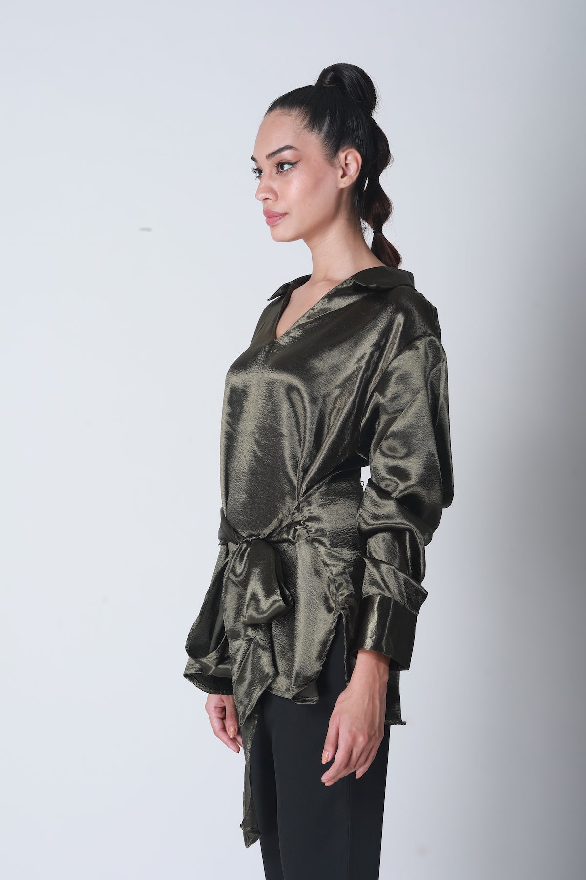 Knot Tie Satin Shirt - Olive Green