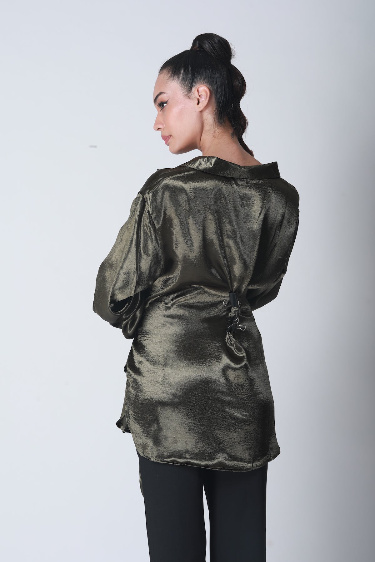 Knot Tie Satin Shirt - Olive Green